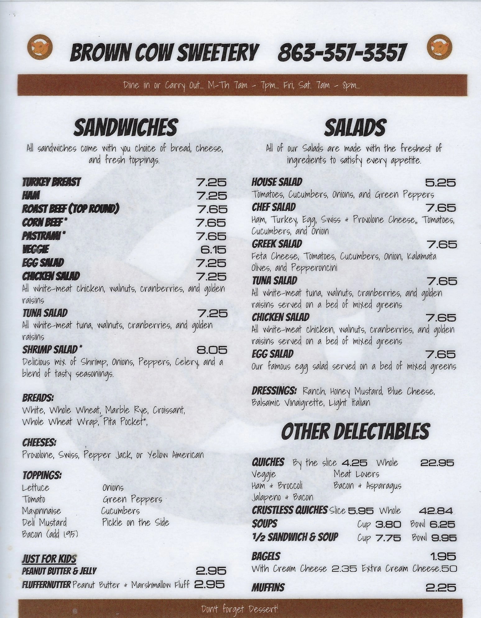 Menu Brown Cow Sweetery