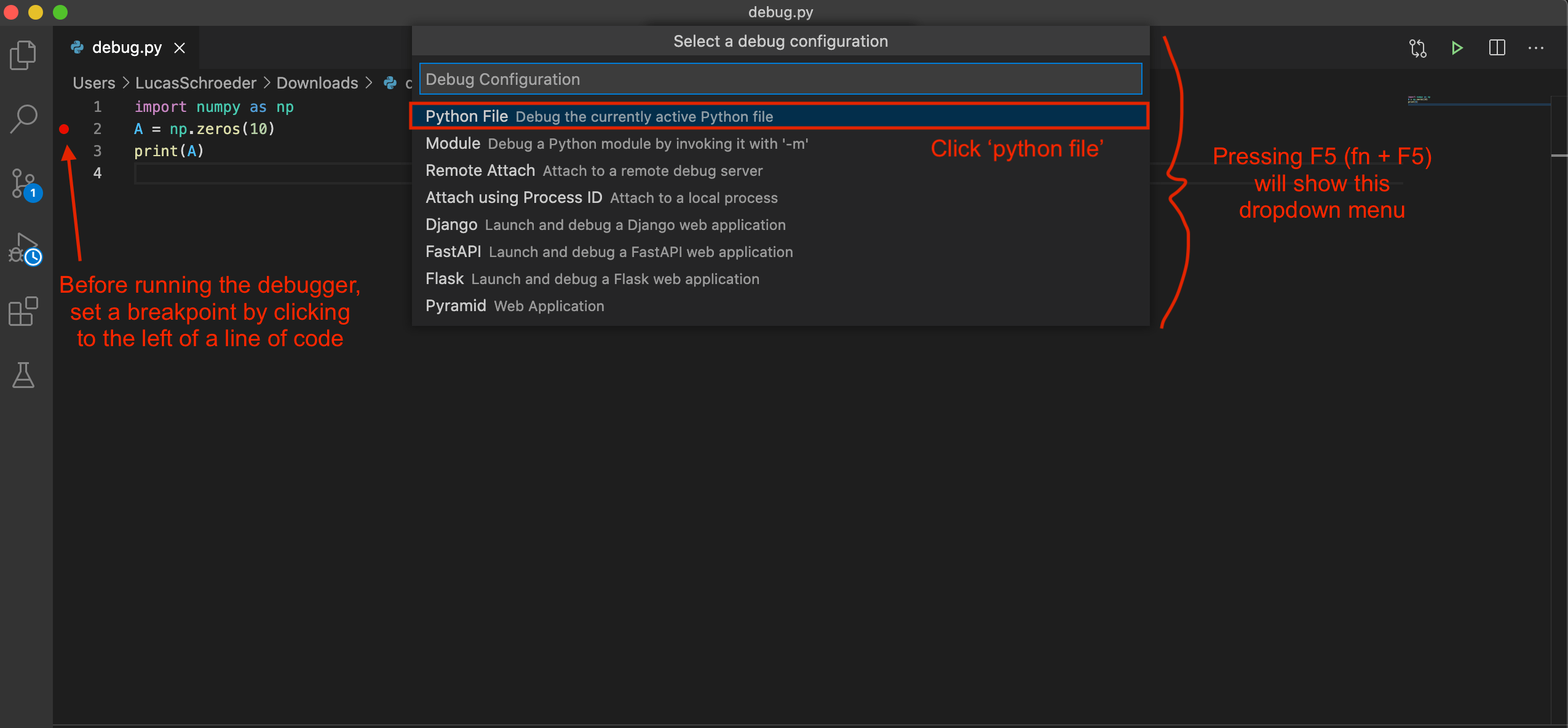 VS Code dropdown menu with "Python File" option highlighted