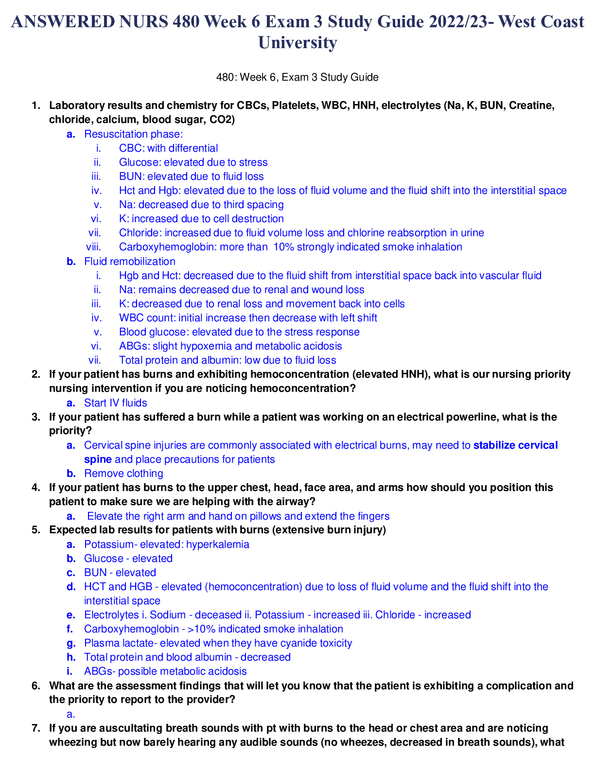 ANSWERED NURS 480 Week 6 Exam 3 Study Guide 2022/23 West Coast