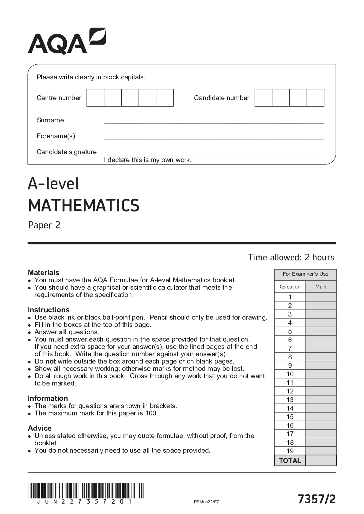 AQA Alevel MATHEMATICS Paper 2 june 2022 Browsegrades