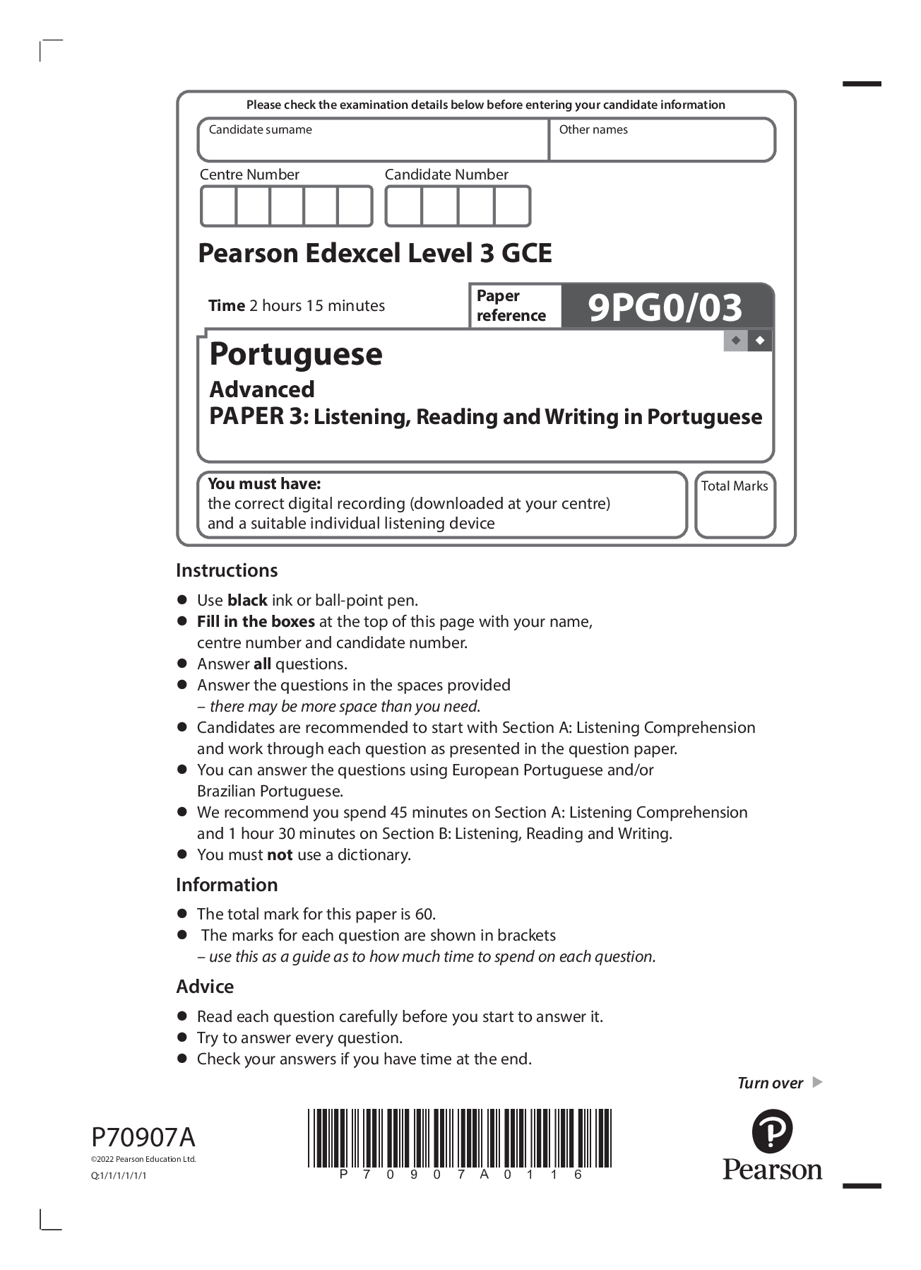 Pearson Edexcel Level 3 GCE Portuguese Advanced PAPER 3 Listening