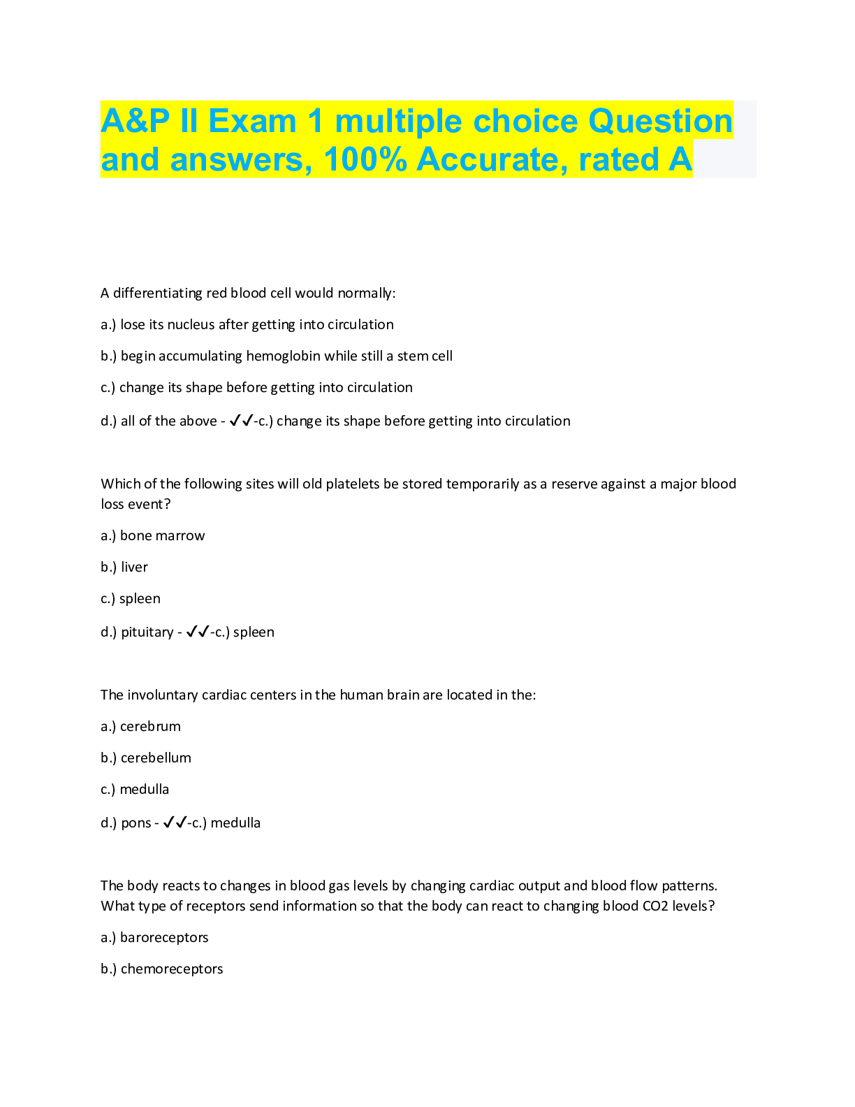 A&P II Exam 1 multiple choice Question and answers, 100 Accurate