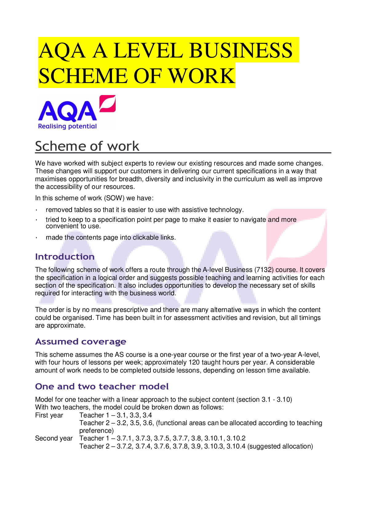 AQA A LEVEL BUSINESS SCHEME OF WORK Browsegrades