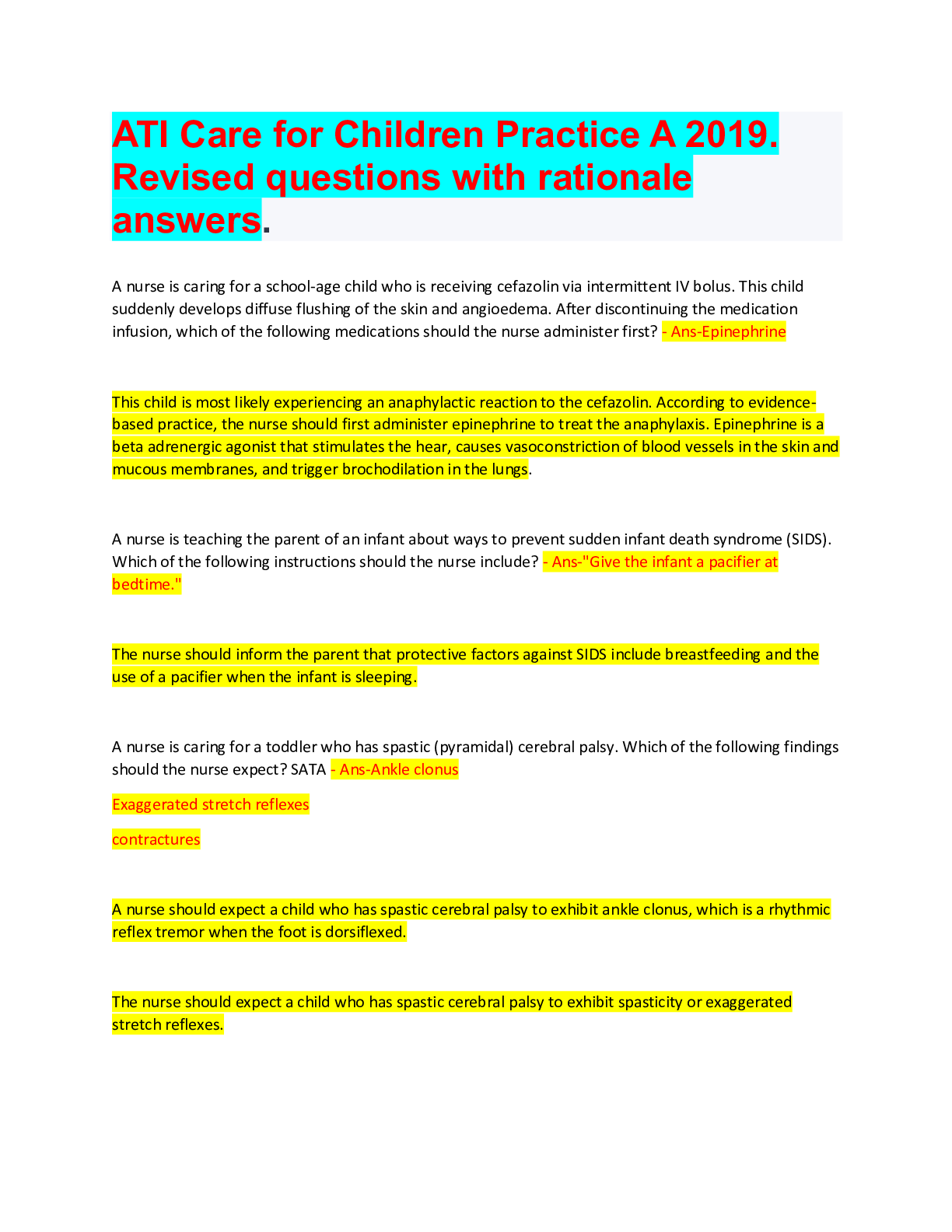 ATI Care for Children Practice A 2019. Revised questions with rationale