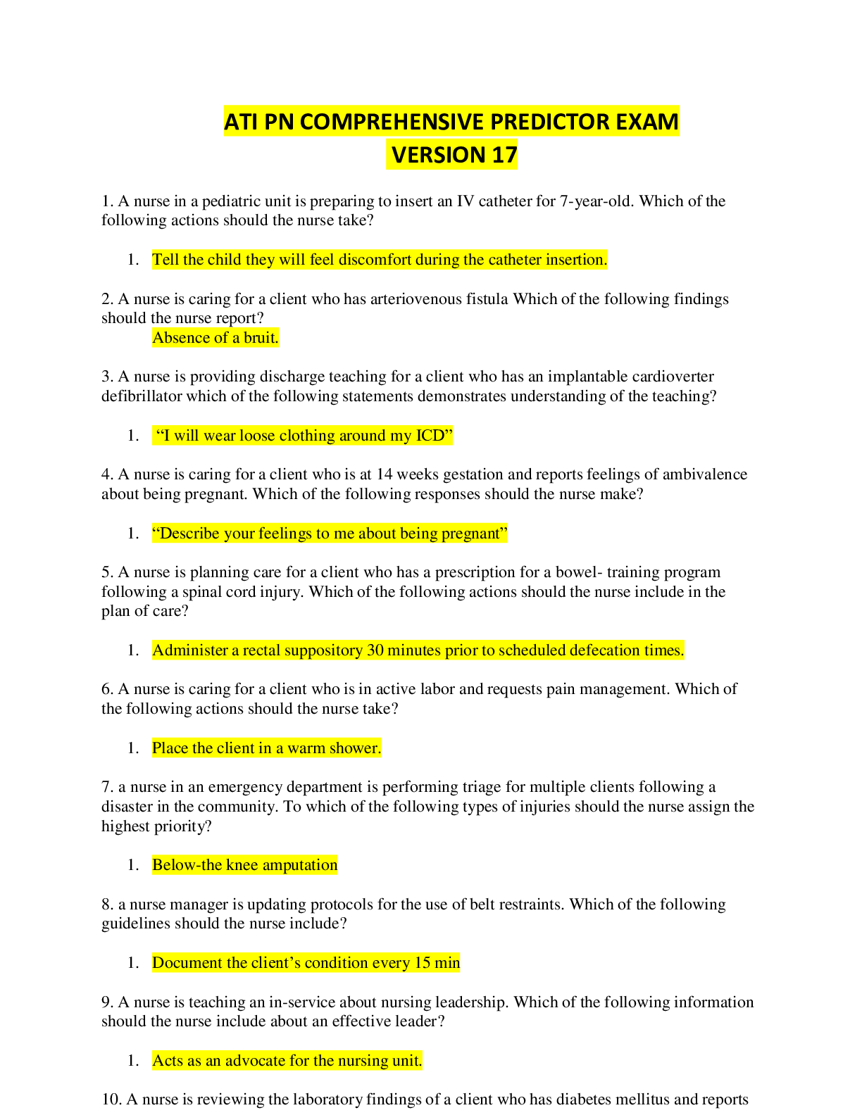 ATI PN Comprehensive Predictor Exam Version 17 Complete Questions