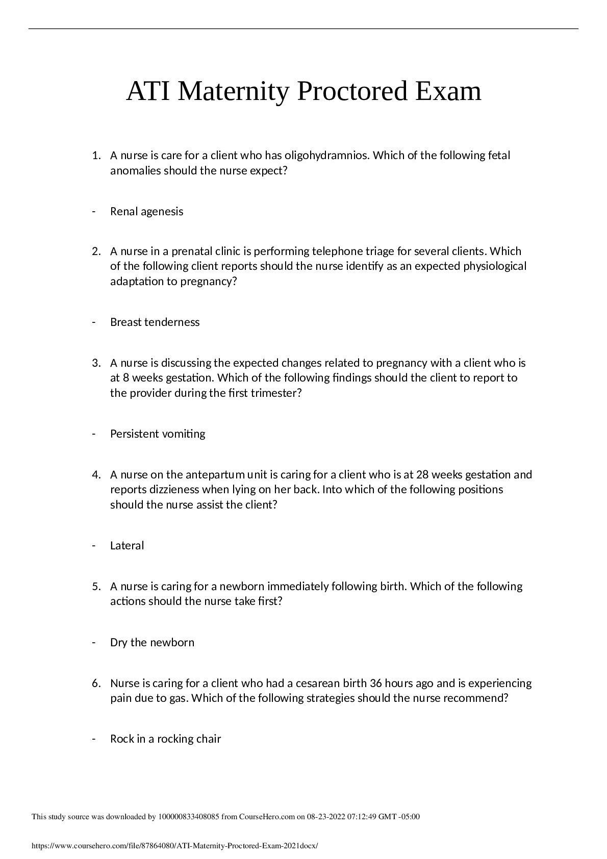 ATI MATERNITY PROCTORED EXAM (CHECK THE LAST PAGE FOR MULTIPLE VERSIONS