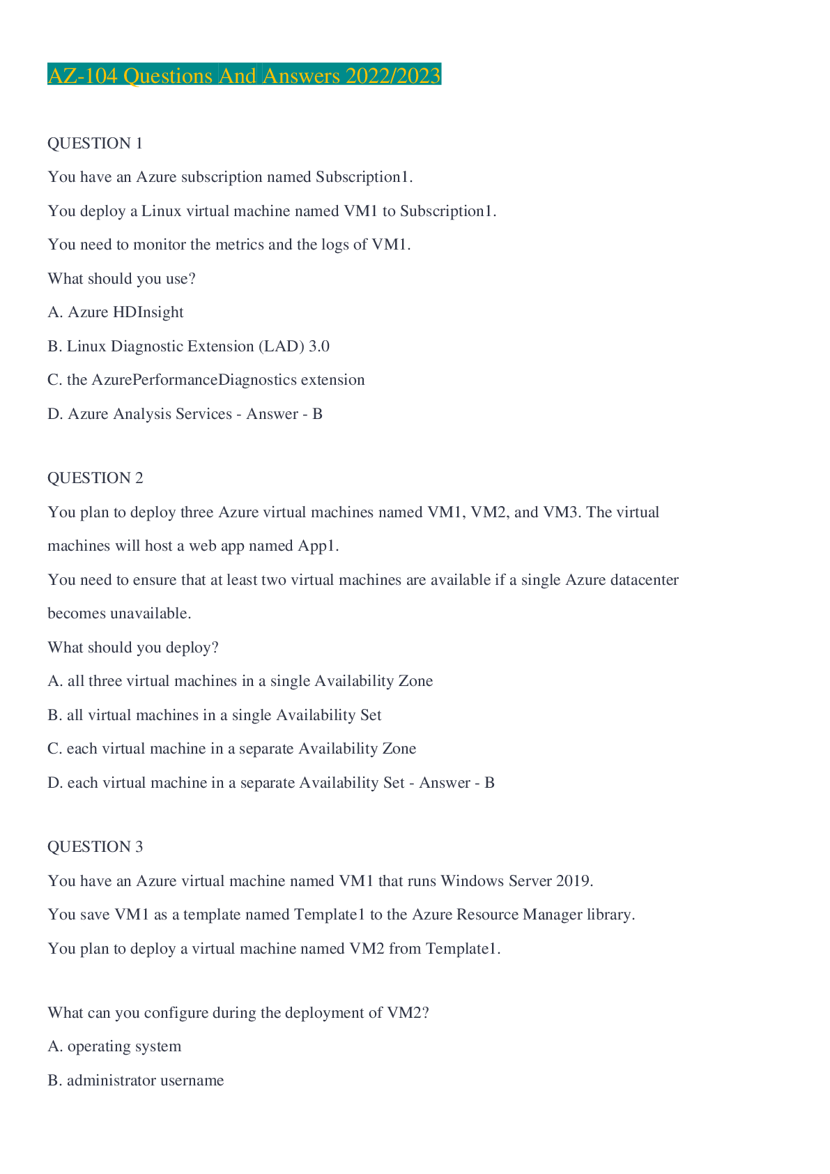 AZ104 Questions And Answers 2022/2023 Browsegrades