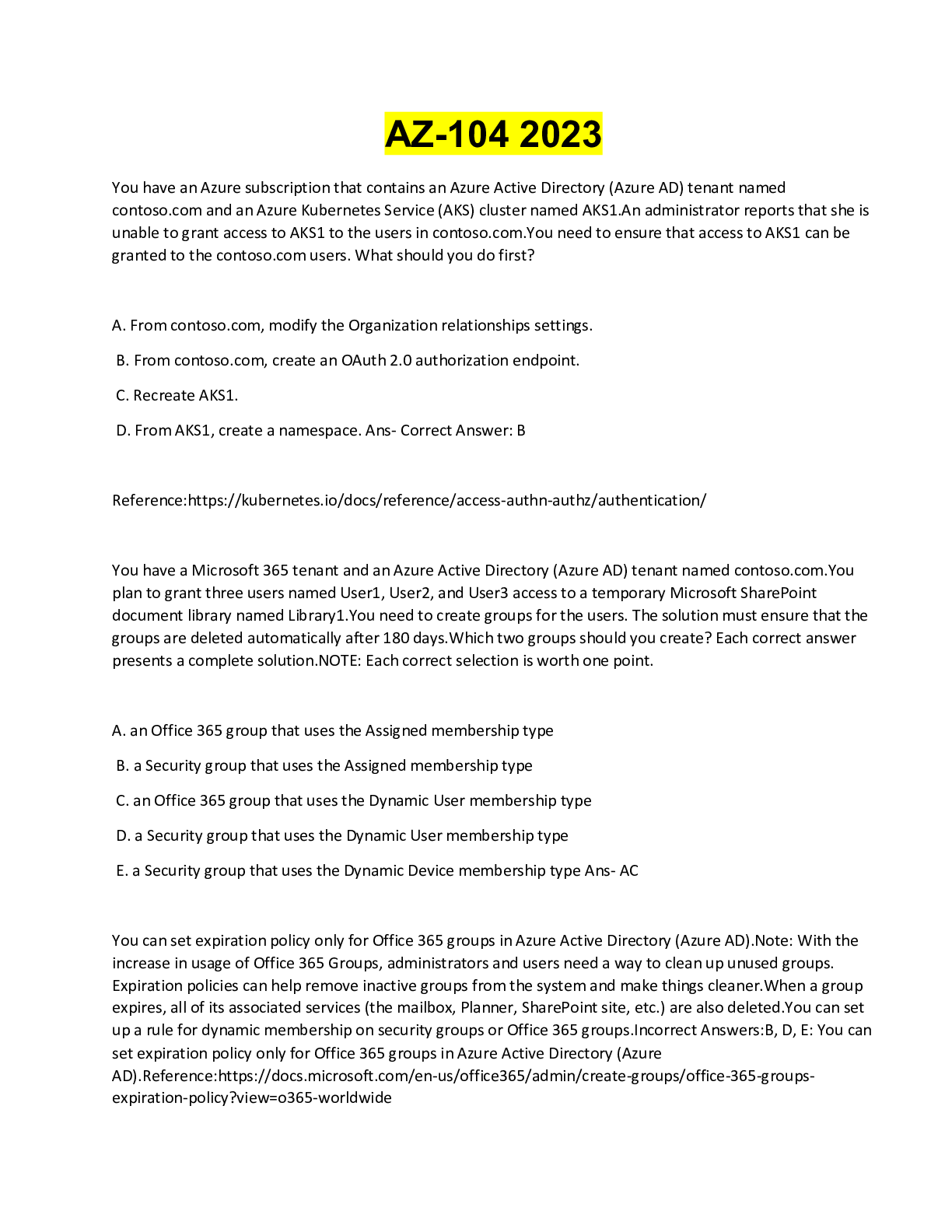 AZ104 Renewal Exam 2022 Questions and Answers Browsegrades