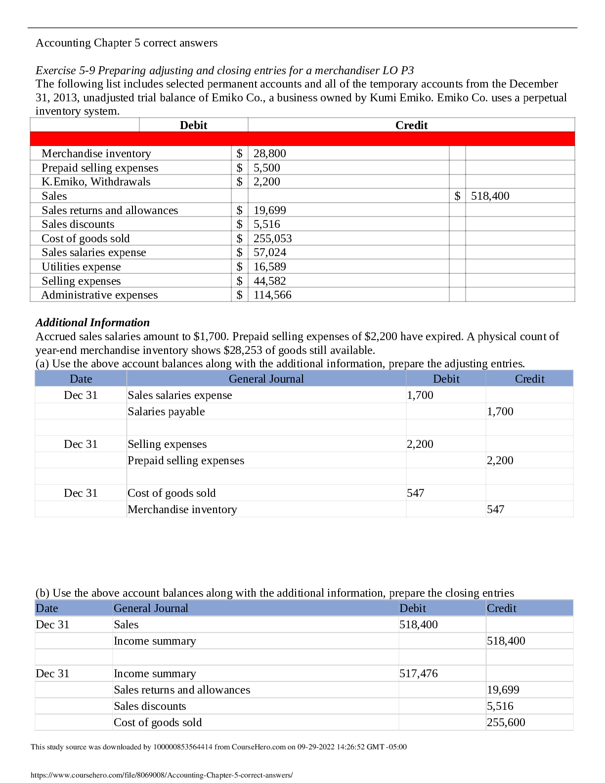 Accounting Chapter 5 correct answers Exercise 5-9 Preparing adjusting