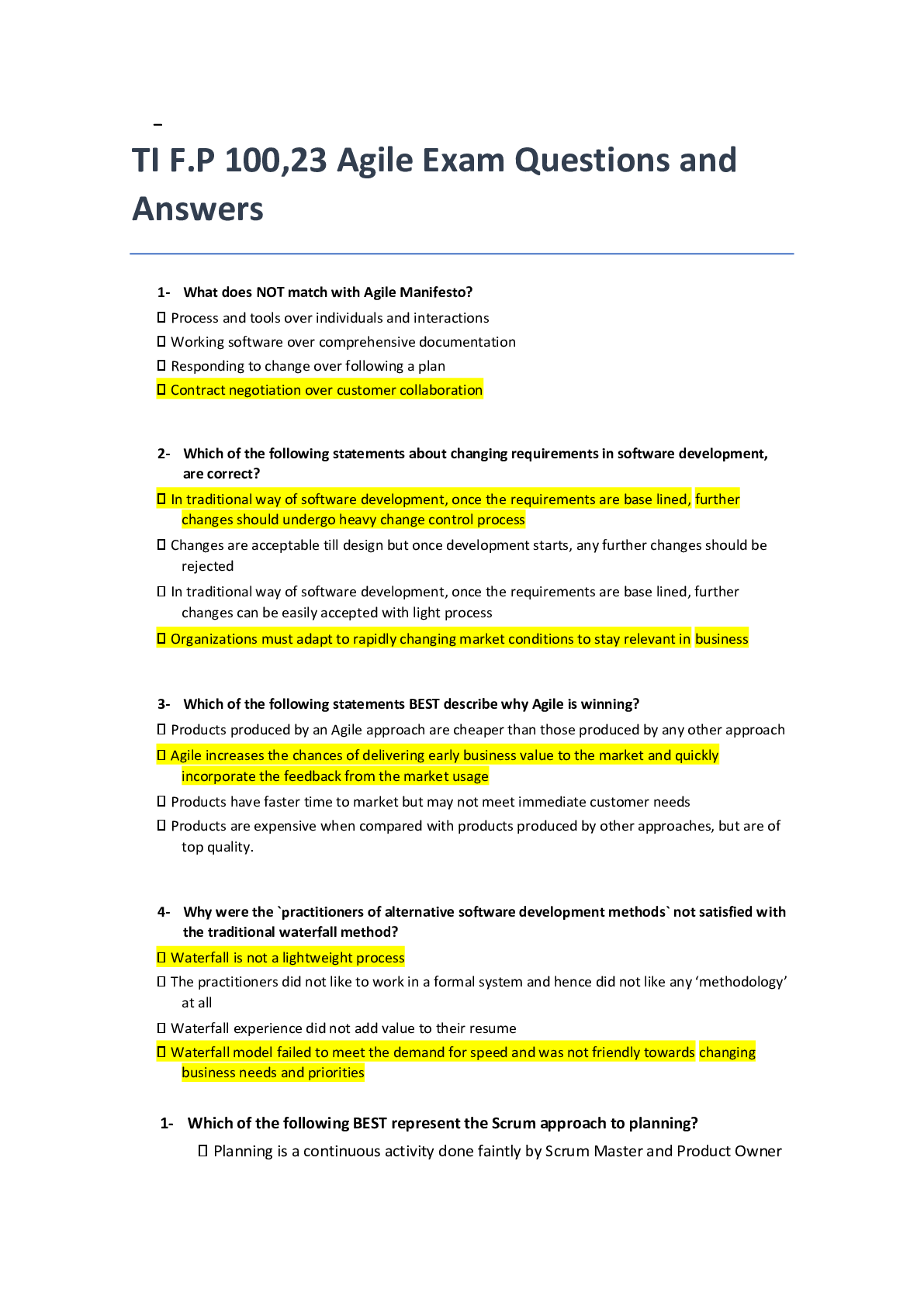 TI F.P 100,23 Agile Exam Questions and Answers Browsegrades