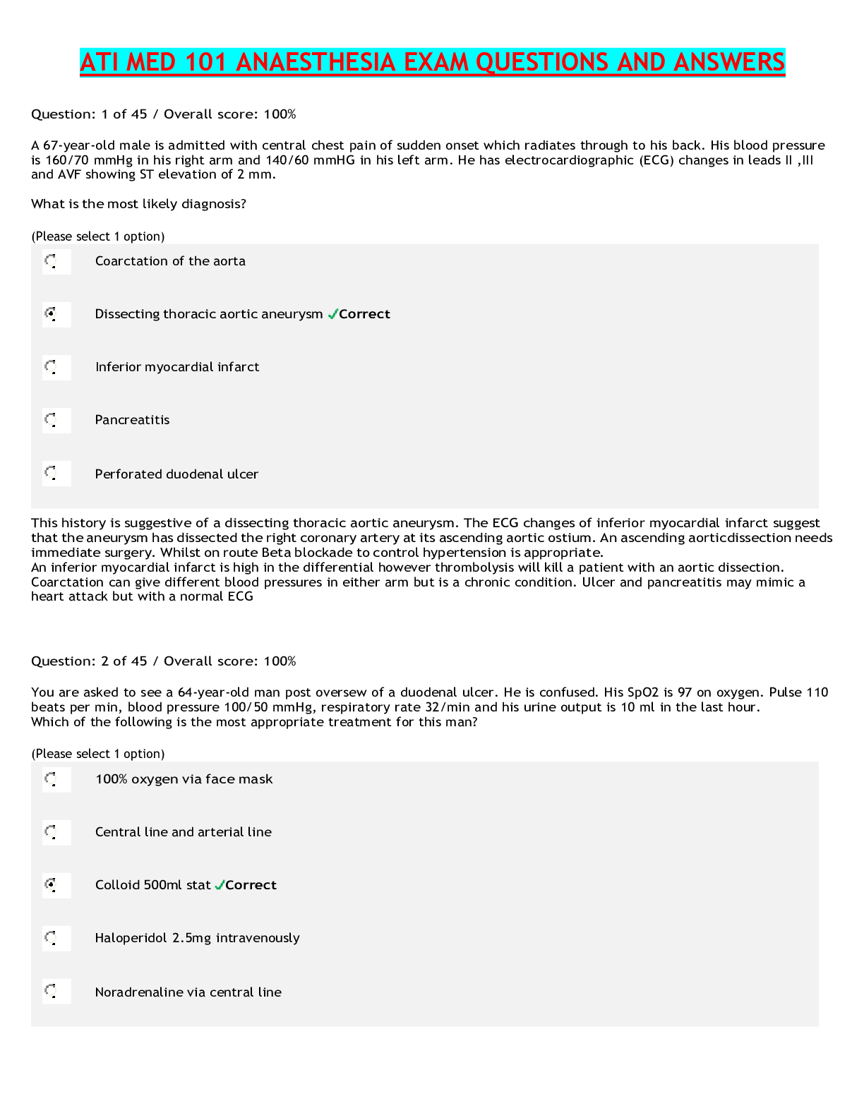 ATI MED 101 ANAESTHESIA EXAM QUESTIONS AND ANSWERS WITH EXPLANATONS