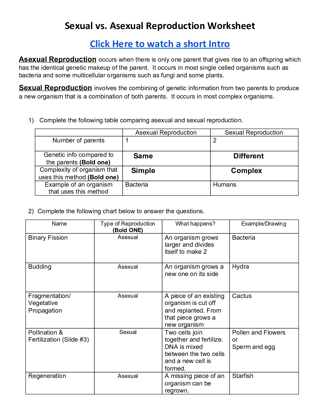 Answer Key Sexual vs. Asexual Reproduction Worksheet Browsegrades