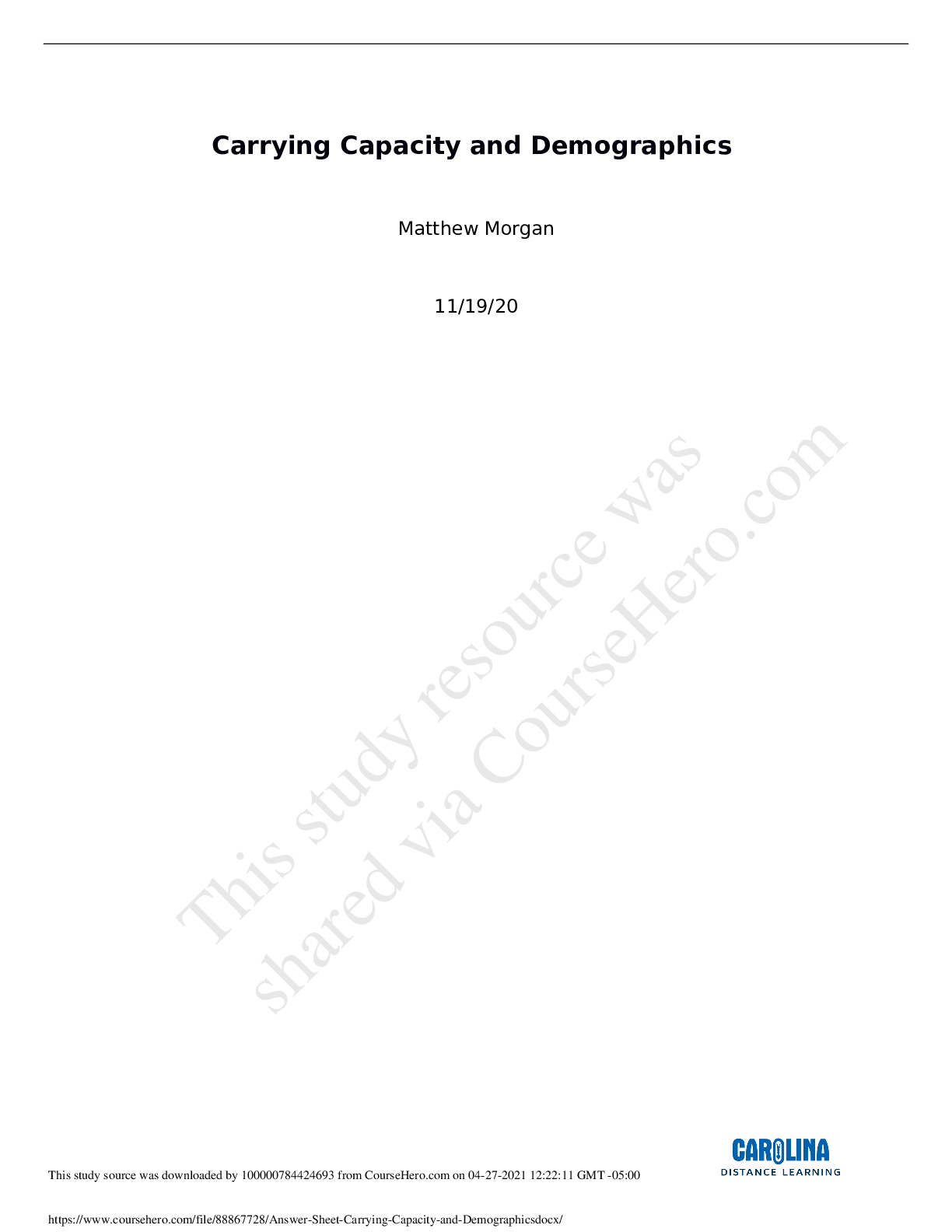 Carrying Capacity and Demographics Answer Sheet Browsegrades