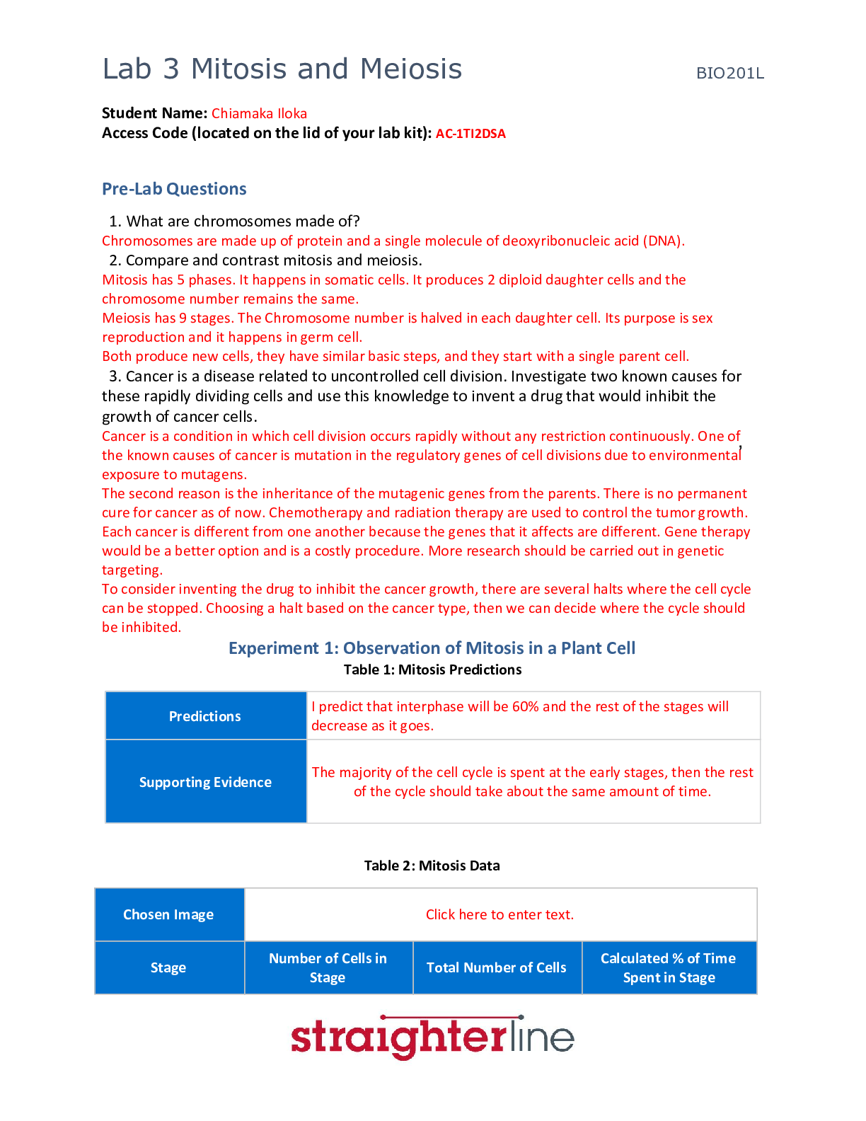 BIO 201L Lab 3 Mitosis and Meiosis (Straighterline) 2022 Browsegrades