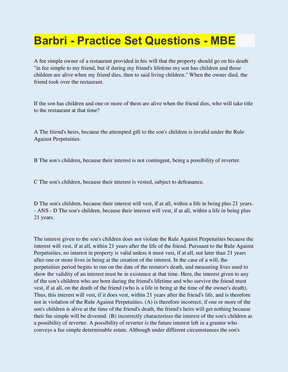 Barbri Practice Set Questions MBE 441 Questions with 100 Correct