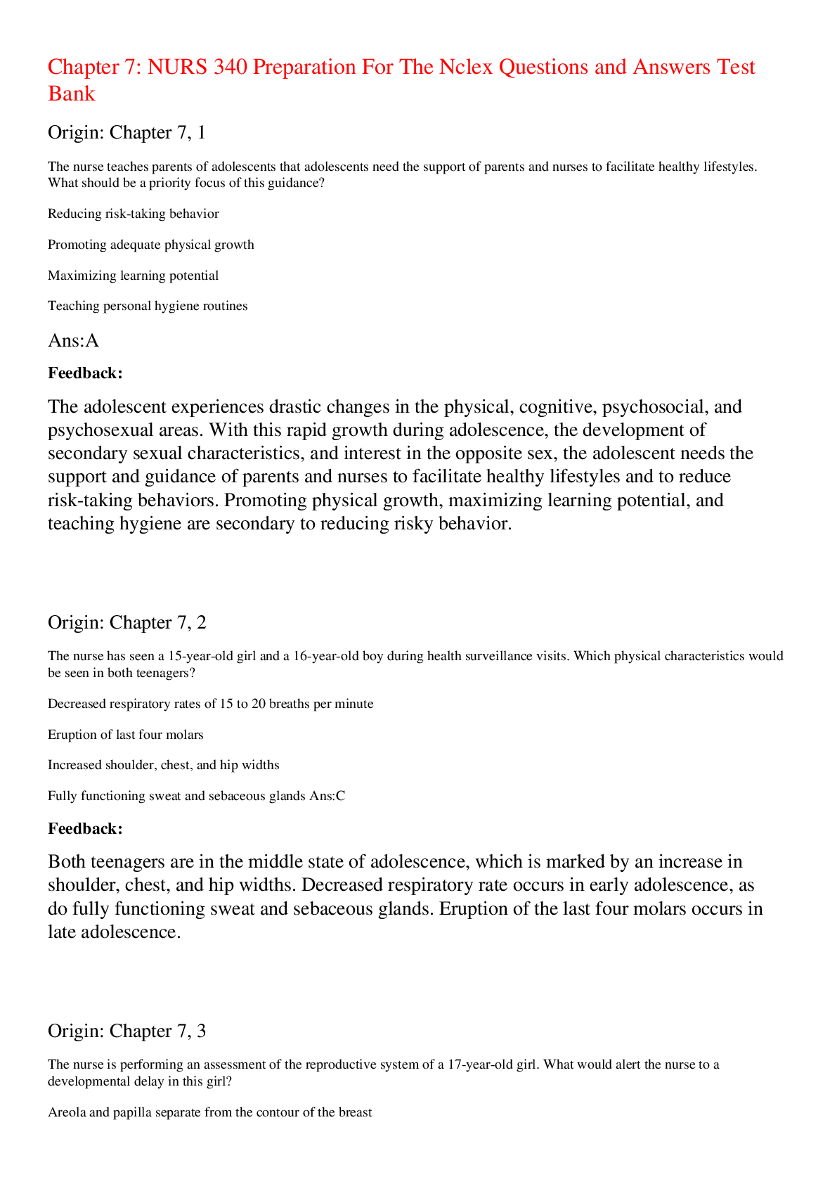 Chapter 7 NURS 340 Preparation For The Nclex Questions and Answers