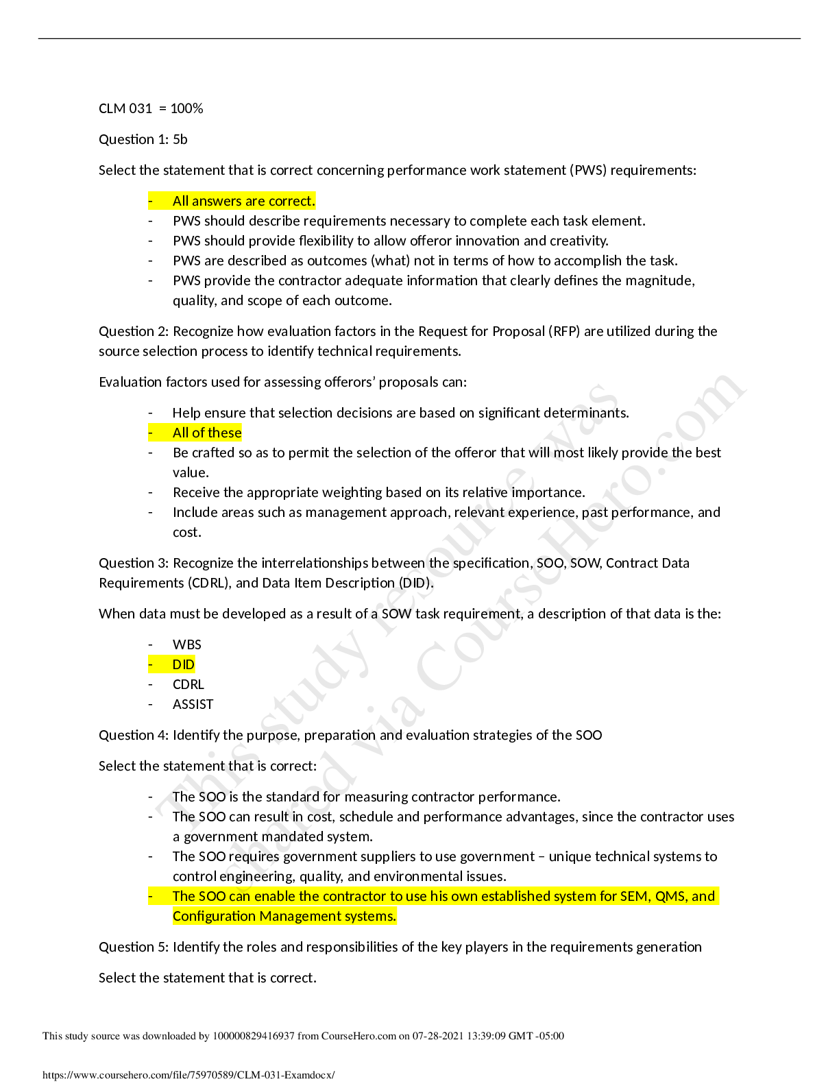 Defense Acquisition University CLM 031 Improved Statement of Work. Exam