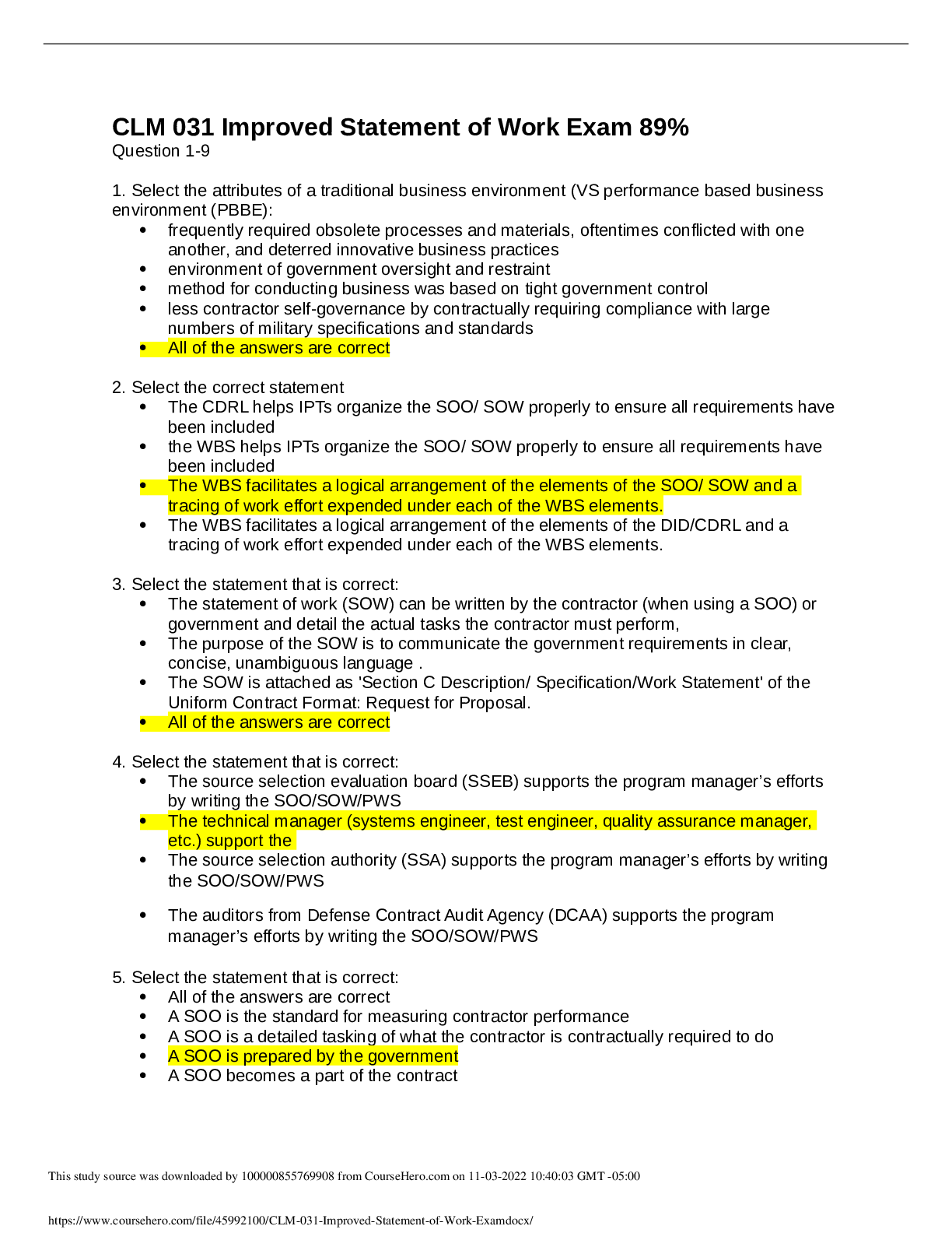 Defense Acquisition University CLM 031 Improved Statement of Work. Exam