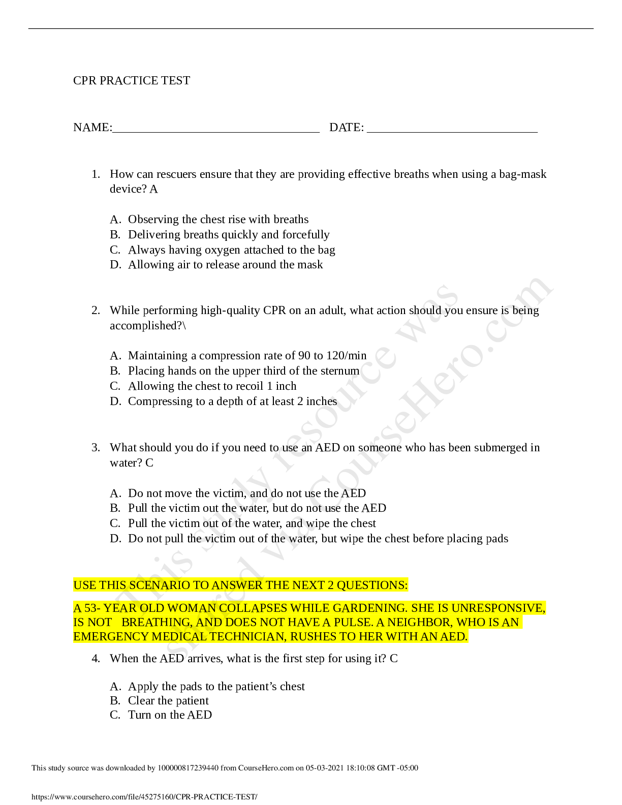 CPR PRACTICE TEST Browsegrades