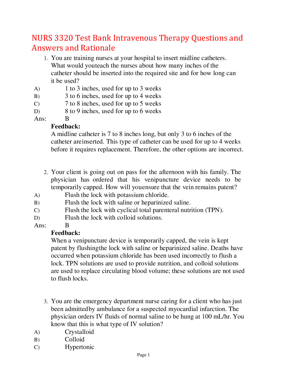 NURS 3320 Test Bank Intravenous Therapy Questions and Answers an