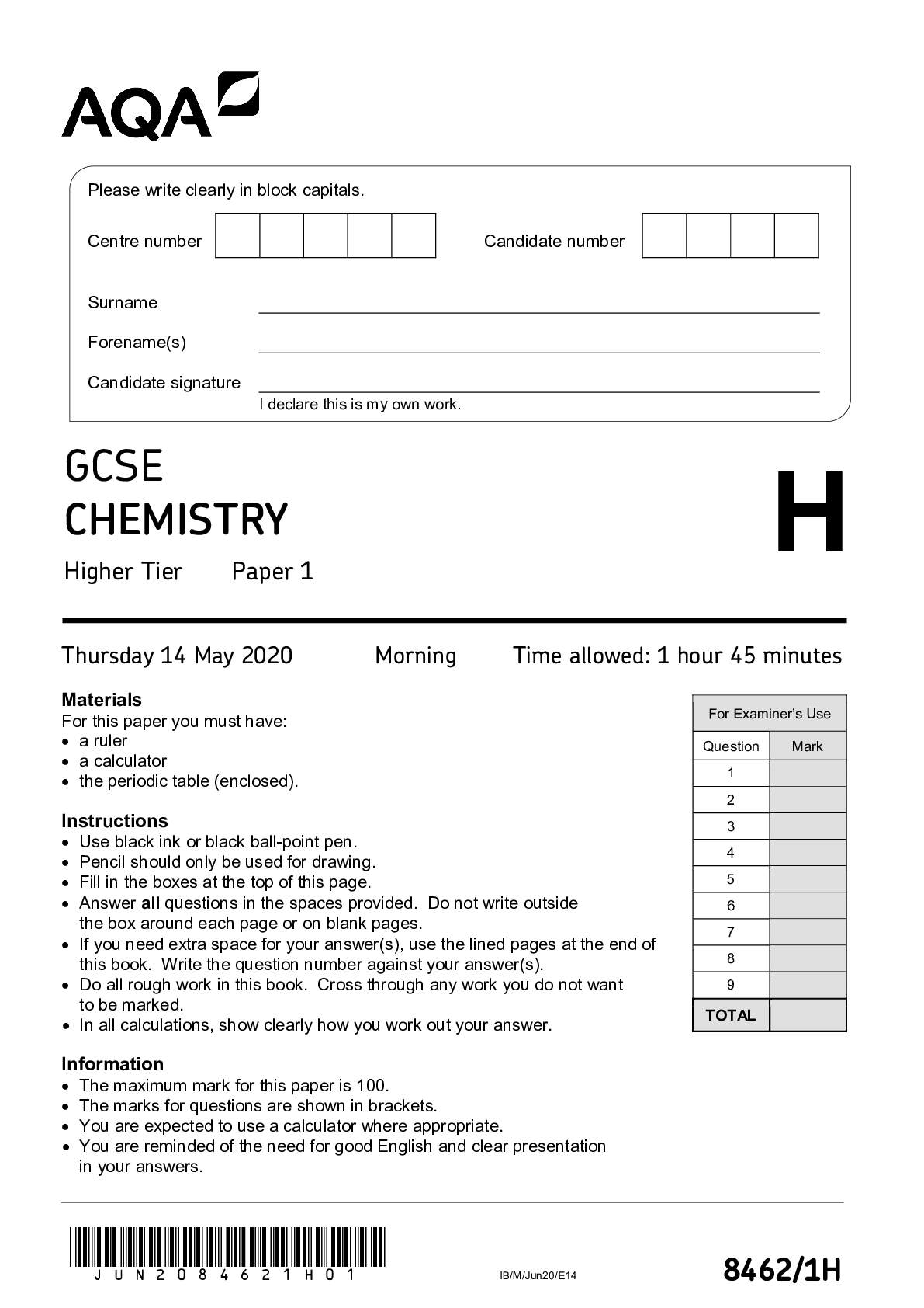 AQA GCSE COMBINED SCIENCE TRILOGY Higher Tier Chemistry Paper 1H 2020 QUESTION PAPER Browsegrades