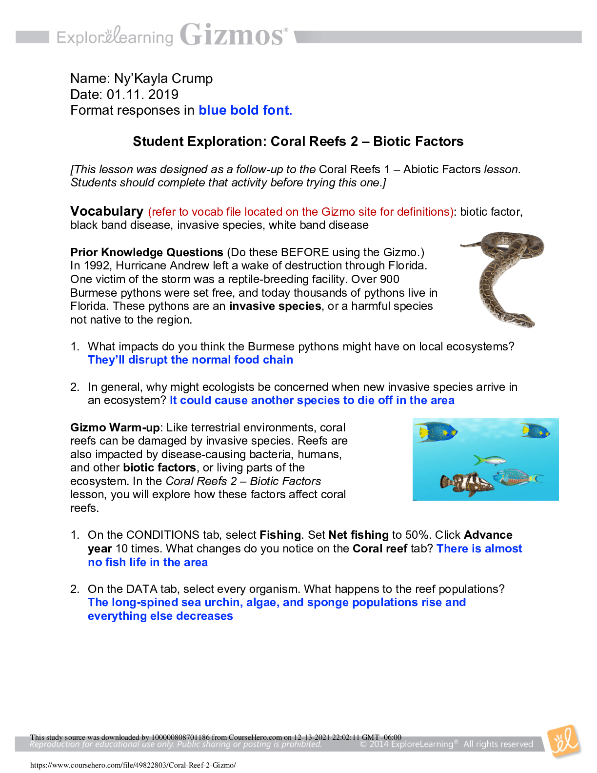 GIZMO CORAL REEFS 2 BIOTIC FACTORS ALL ANSWERS CORRECT GRADED A+