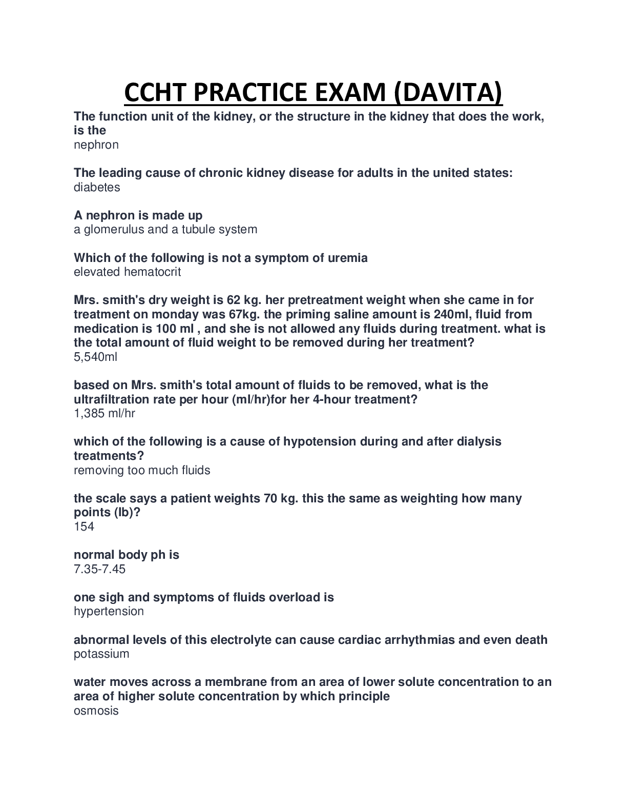 MERCY COLLEGE CCHT PRACTICE EXAM (DAVITA) QUESTIONS AND ANSWERS COMPLET