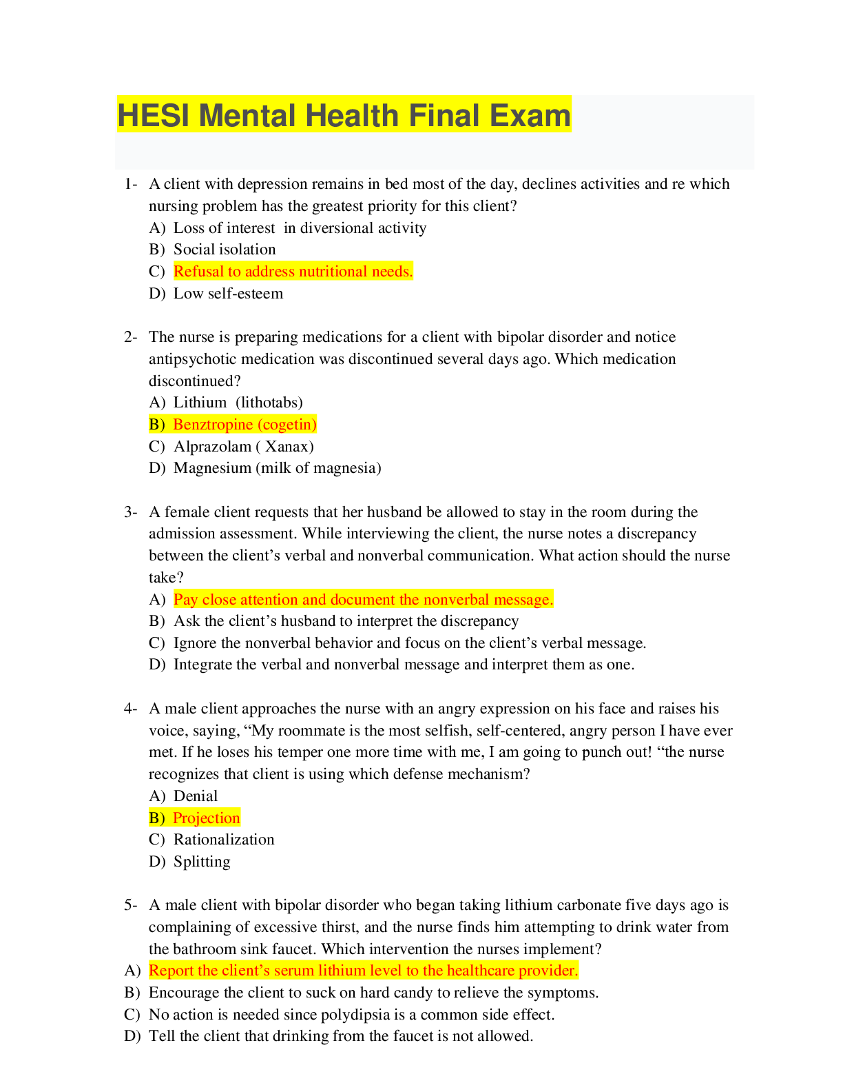 HESI Mental Health Exam 2021/2022 Browsegrades