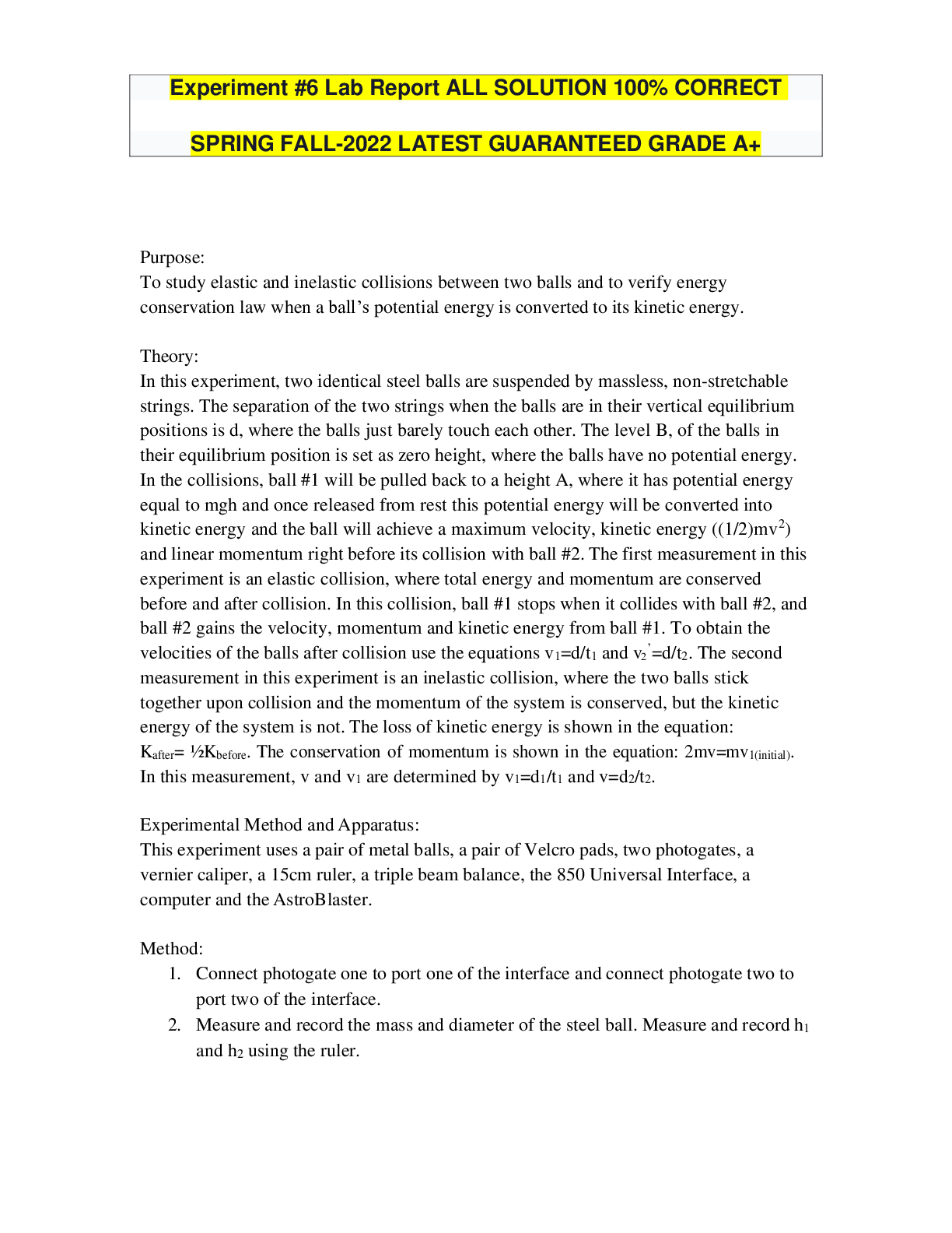 Experiment 6 Lab Report ALL SOLUTION 100 CORRECT SPRING FALL2022
