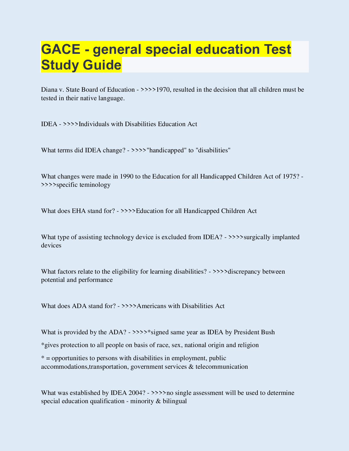 GACE general special education Test Study Guide 130 Questions with