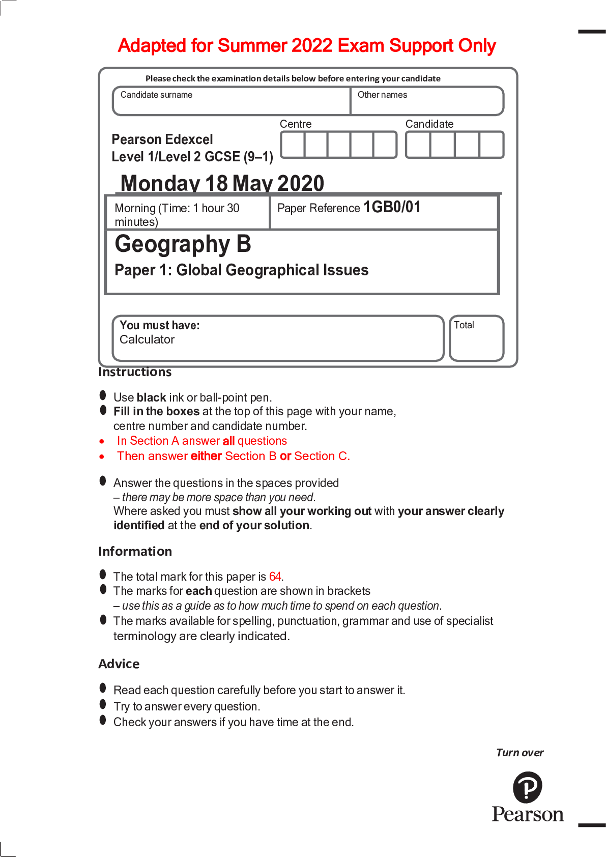 GCSE_Geography B_1GB0/01 Paper 1 November 2020 Adapted for Summer