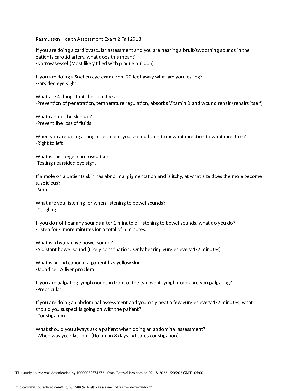 Rasmussen Health Assessment Exam 2 Review Browsegrades