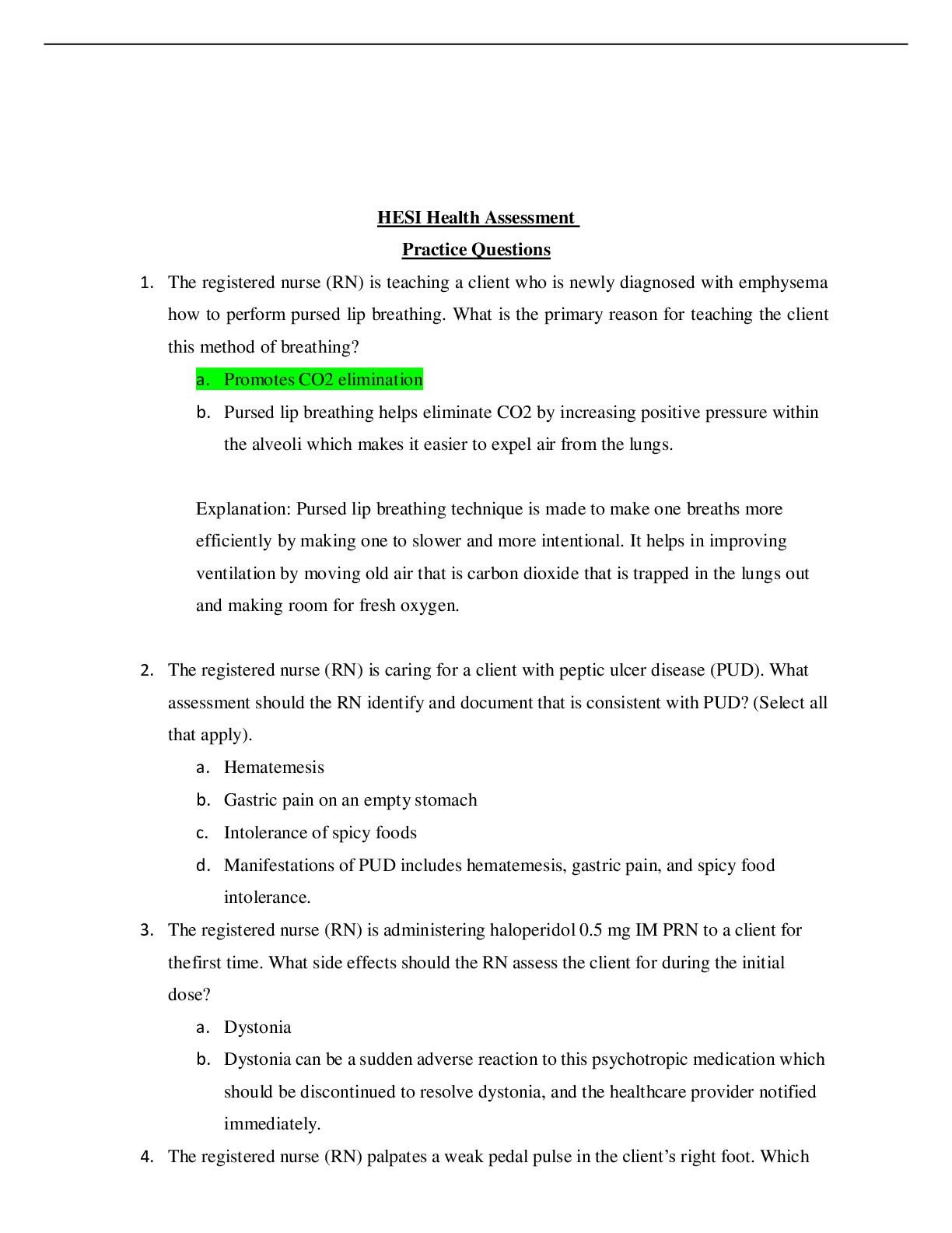 HESI Health Assessment Practice Questions Browsegrades