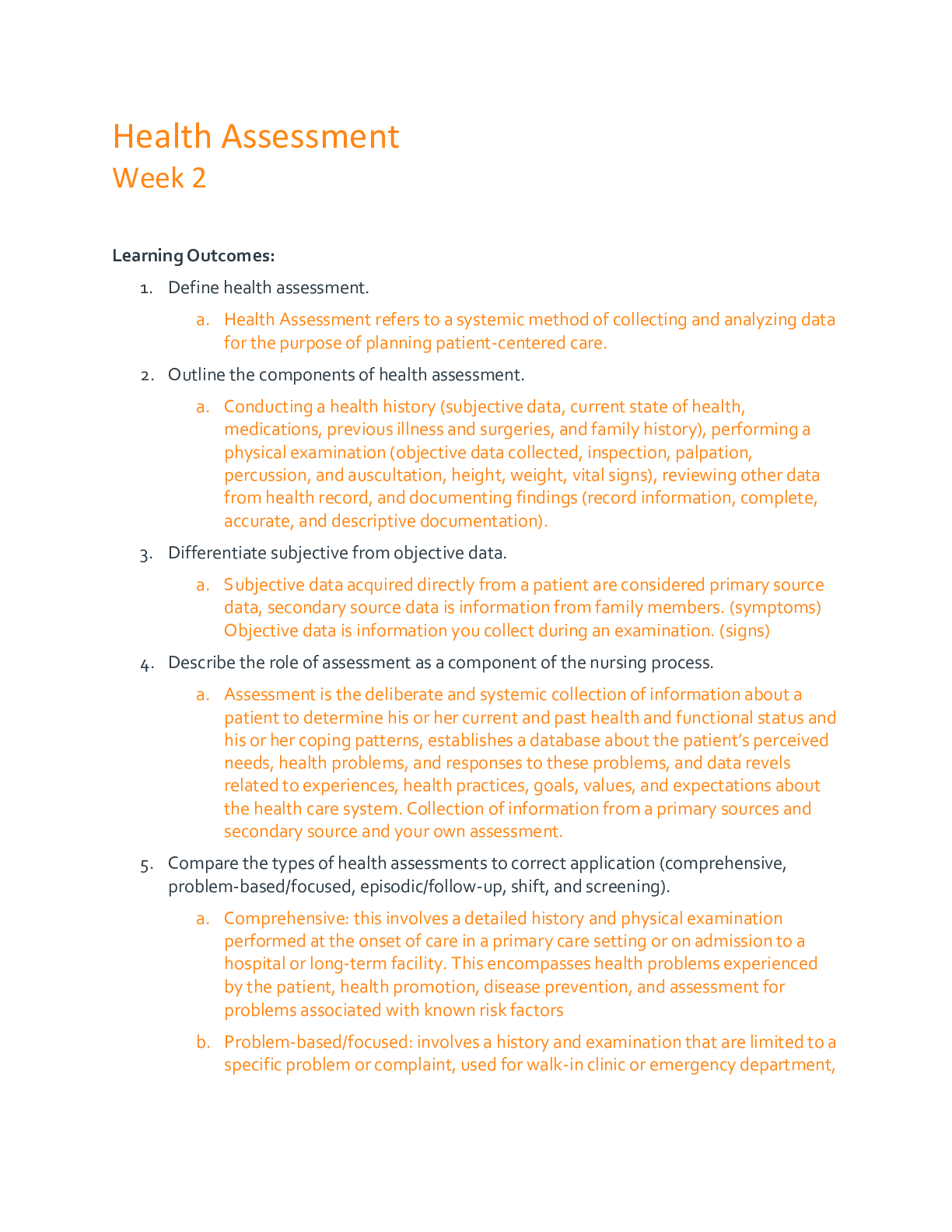 NURSING HEALTH ASS Health Assessment Week 2 questions and answers