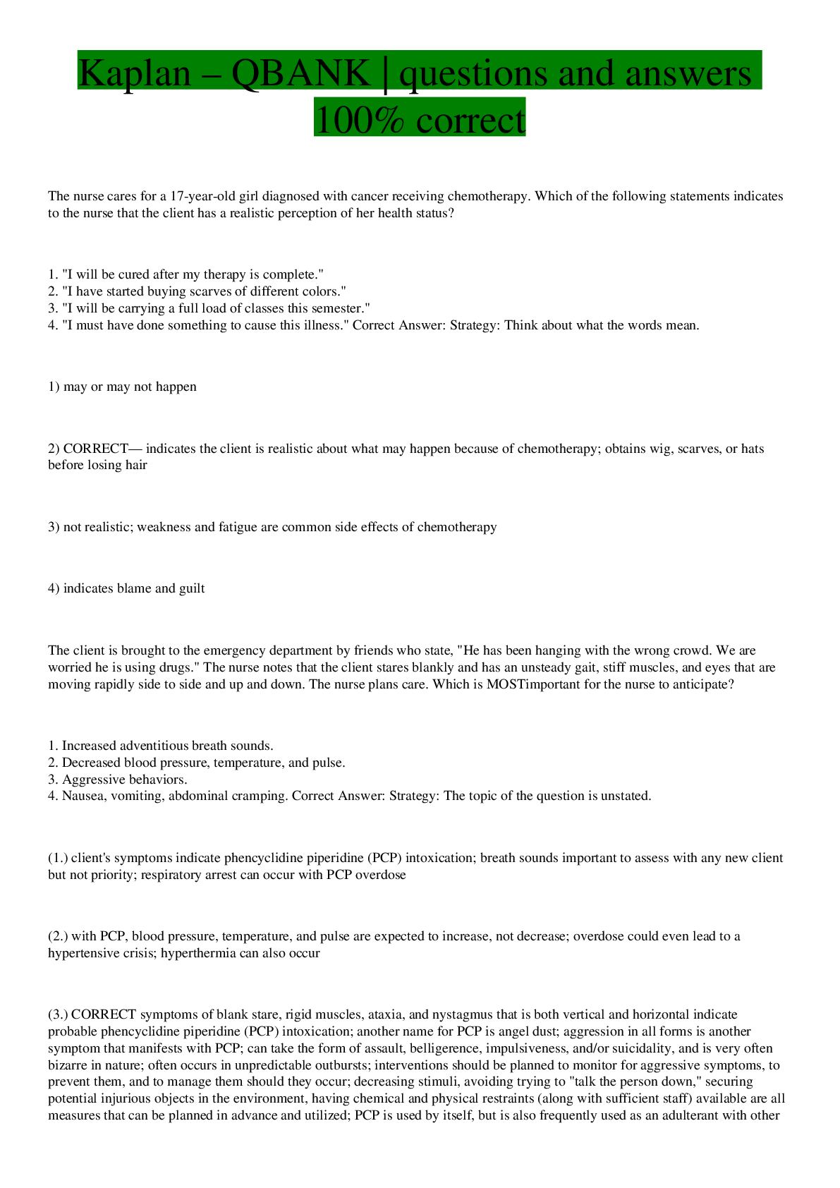 Kaplan QBANK questions and answers 100 correct Browsegrades