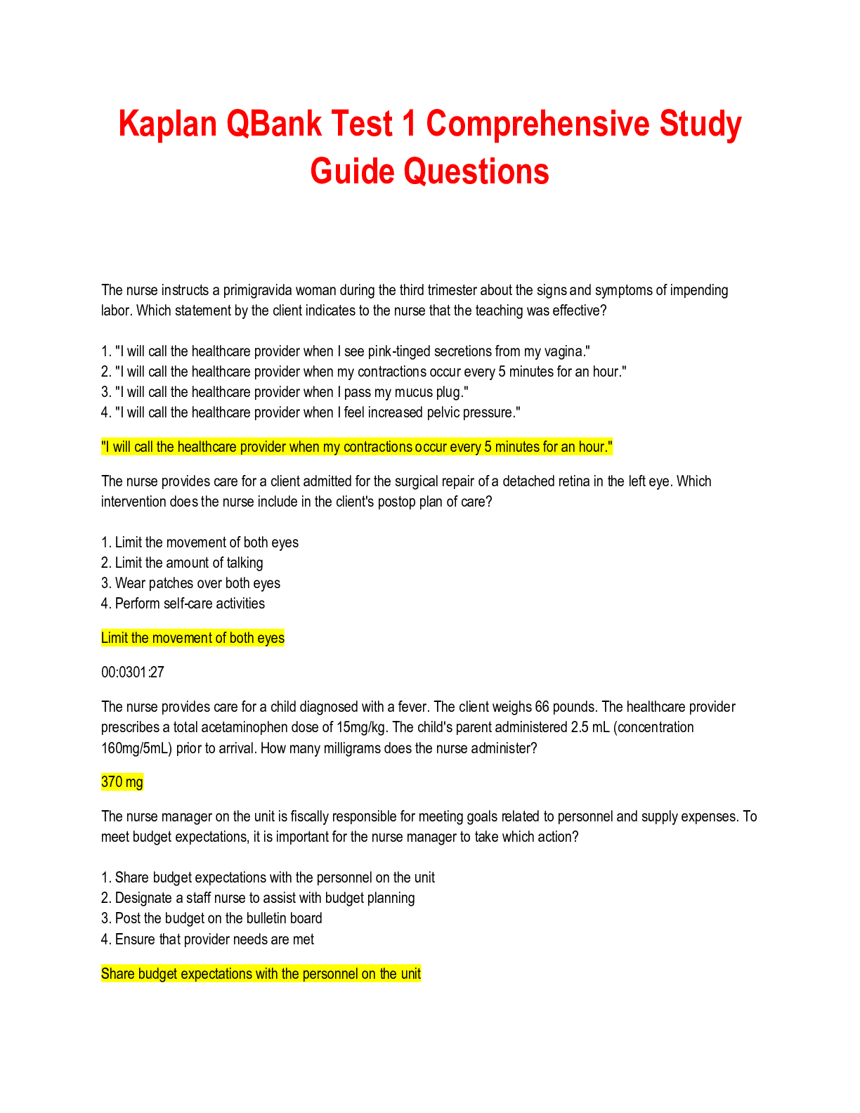 Kaplan QBank Test 1 Comprehensive Study Guide Questions with complete