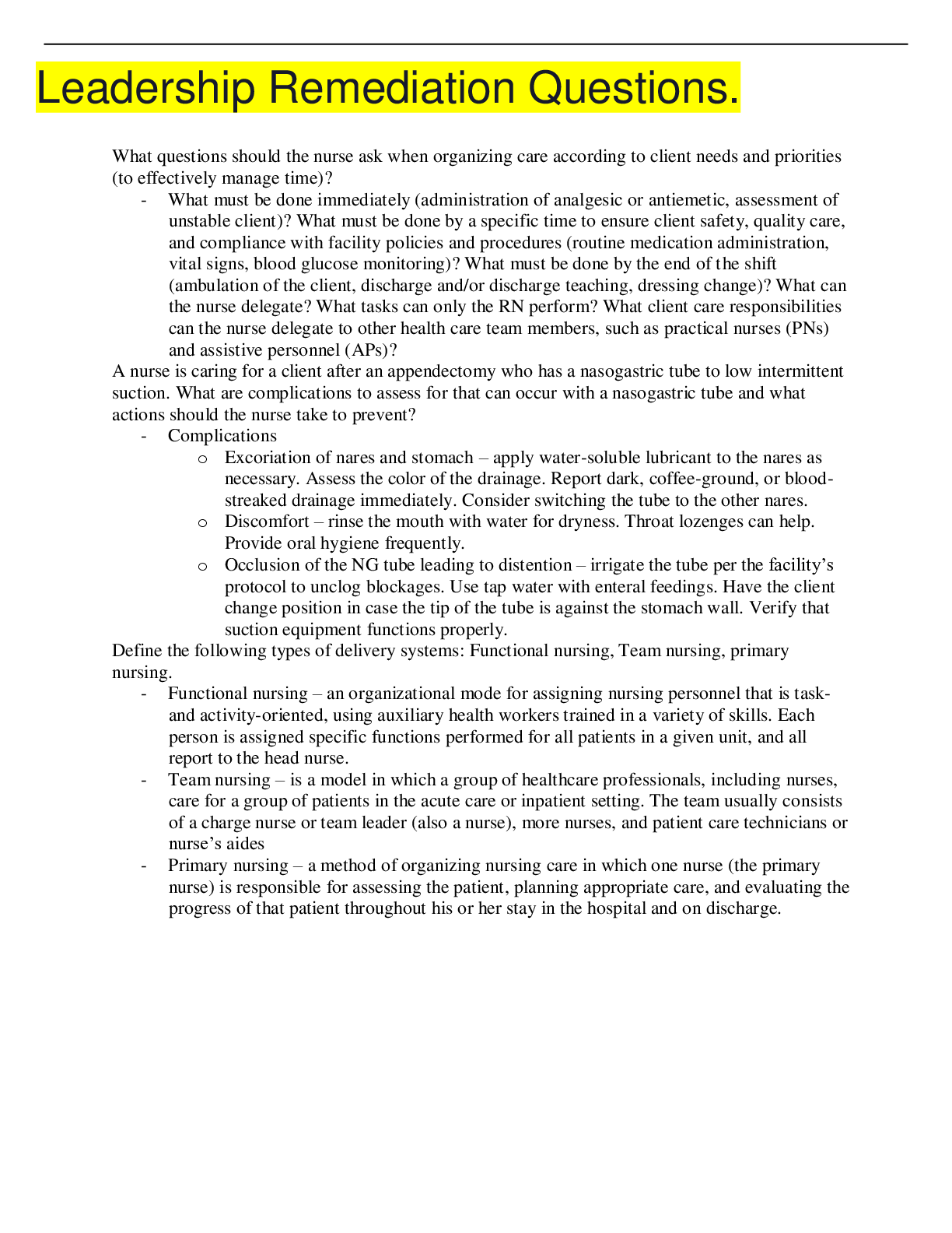 Leadership Remediation Questions. (Graded A)