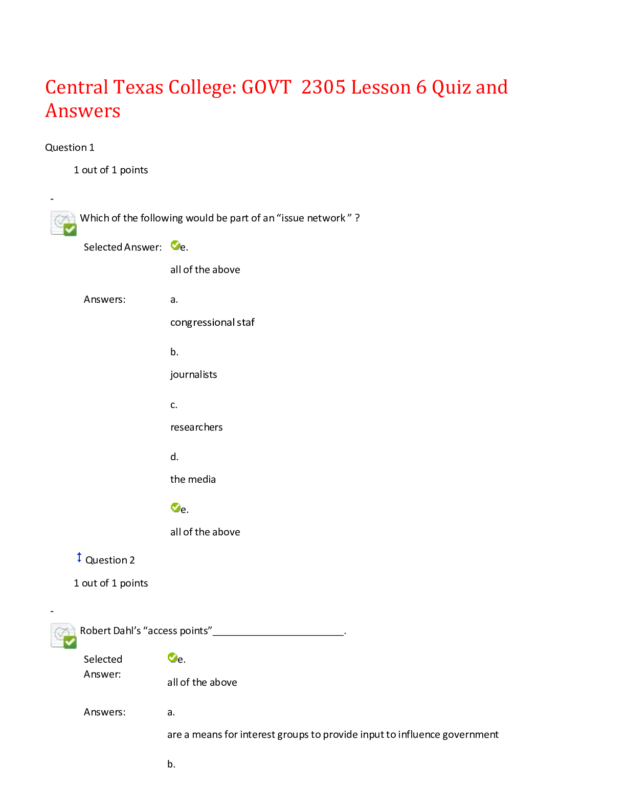 Central Texas College GOVT 2305 Lesson 6 Quiz and Answers,100 CORRECT