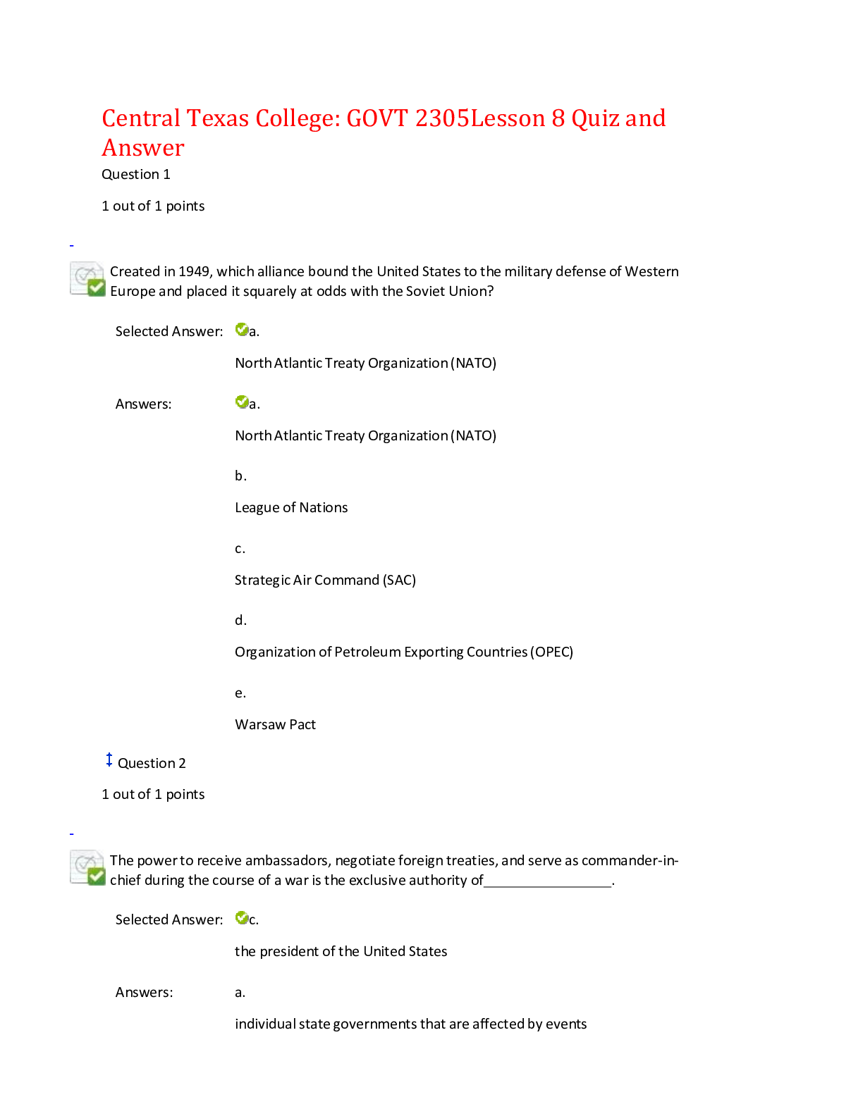 Central Texas College GOVT 2305 Lesson 1 to 8 Quiz and Answers,100