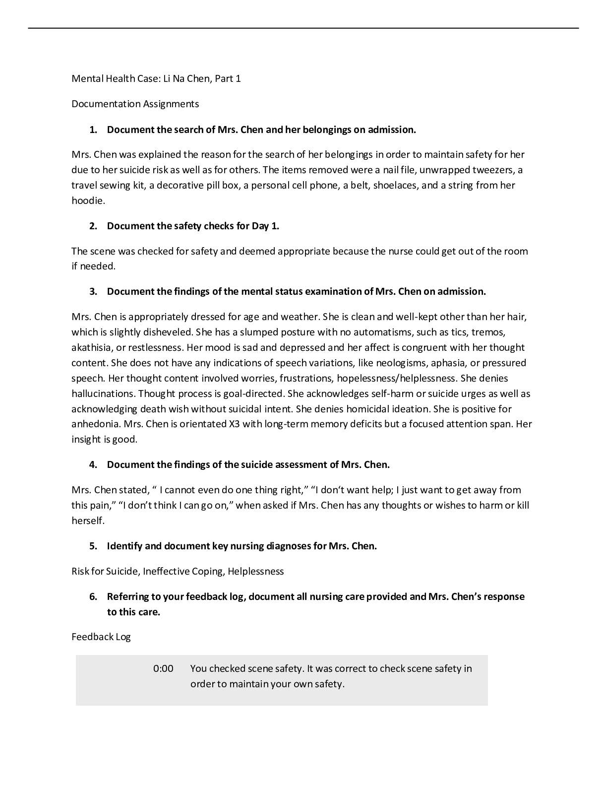 Feedback Log Mental Health Case David Carter Part 1 and 2 Vsim