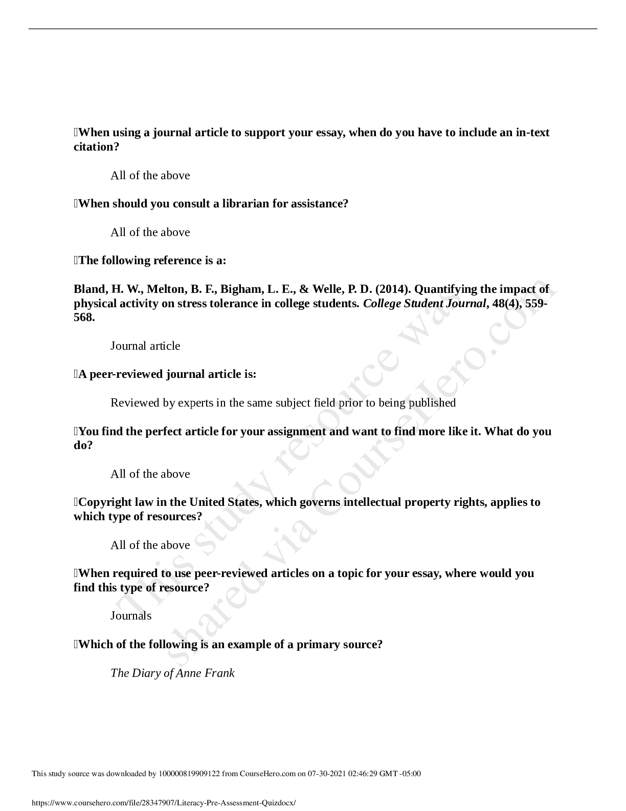 UNV 103_Literacy PreAssessment Quiz Browsegrades