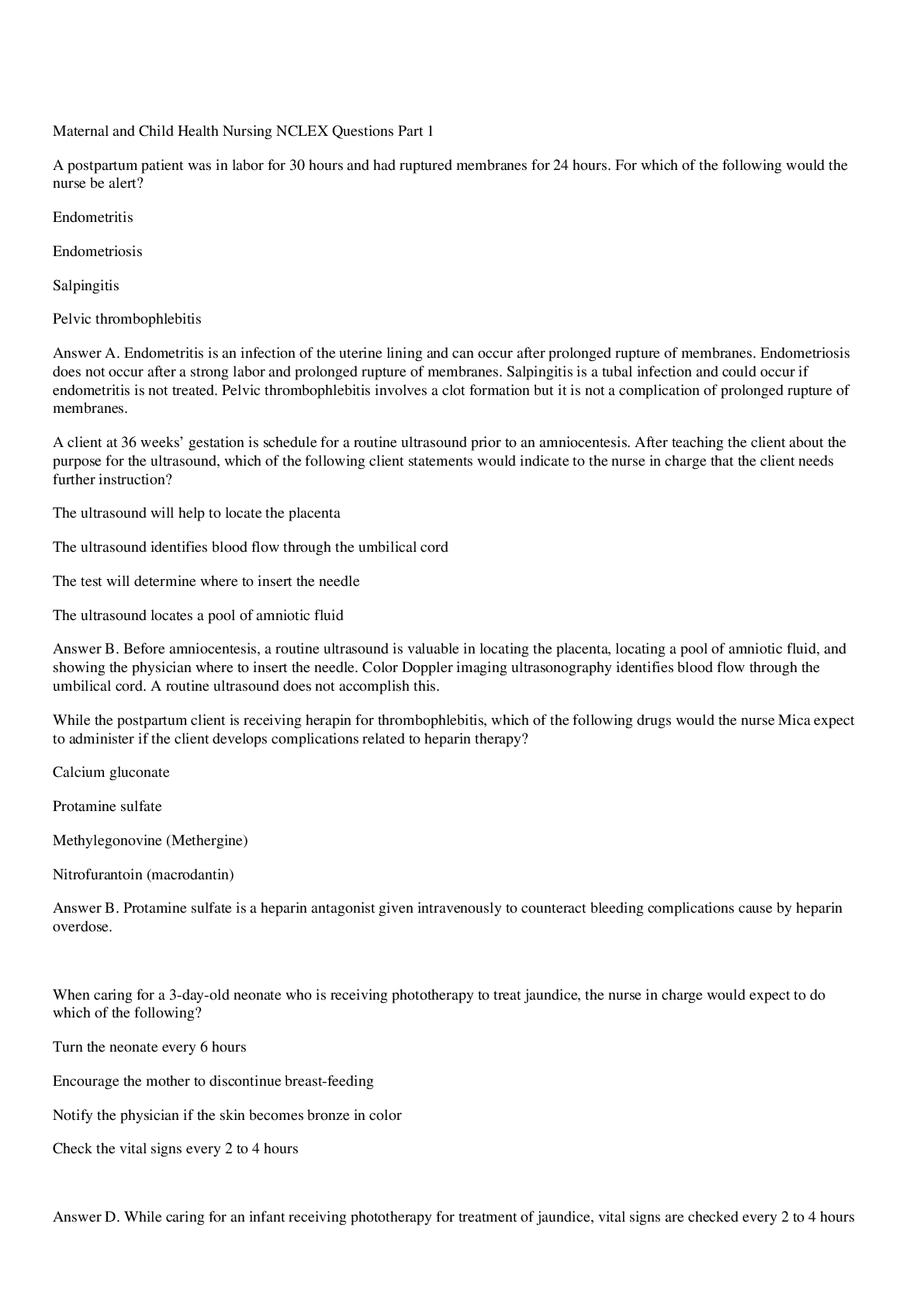 University Of Arizona Maternal and Child Health Nursing NCLEX Questions