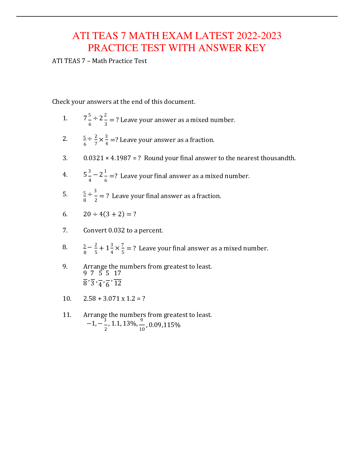 ATI TEAS 7 MATH EXAM LATEST 20222023 PRACTICE TEST WITH ANSWER KEY ATI