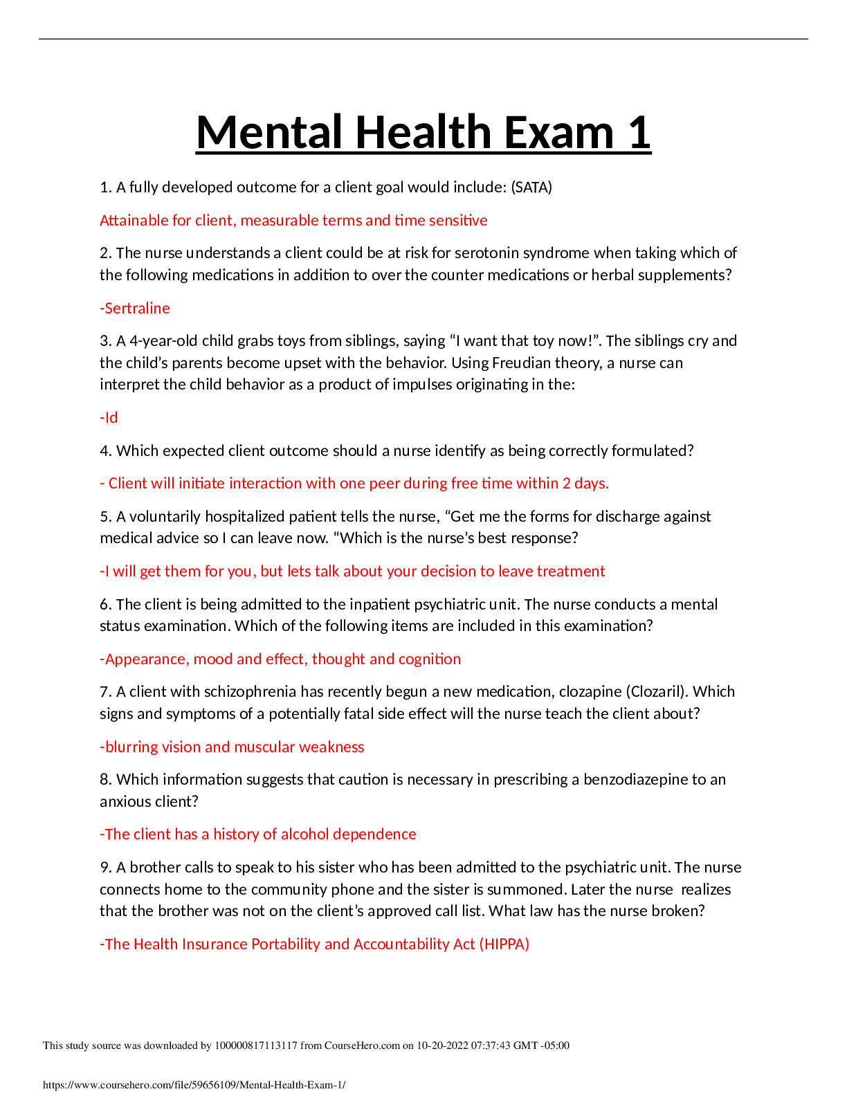 Mental_Health_Exam. VERIFIED ANSWERS, 100 CORRECT Browsegrades