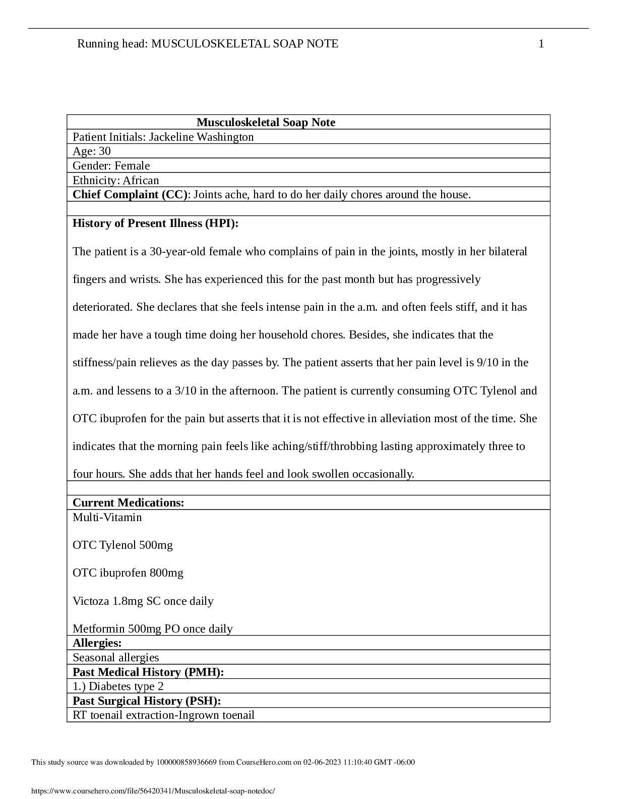 Musculoskeletal soap note Browsegrades