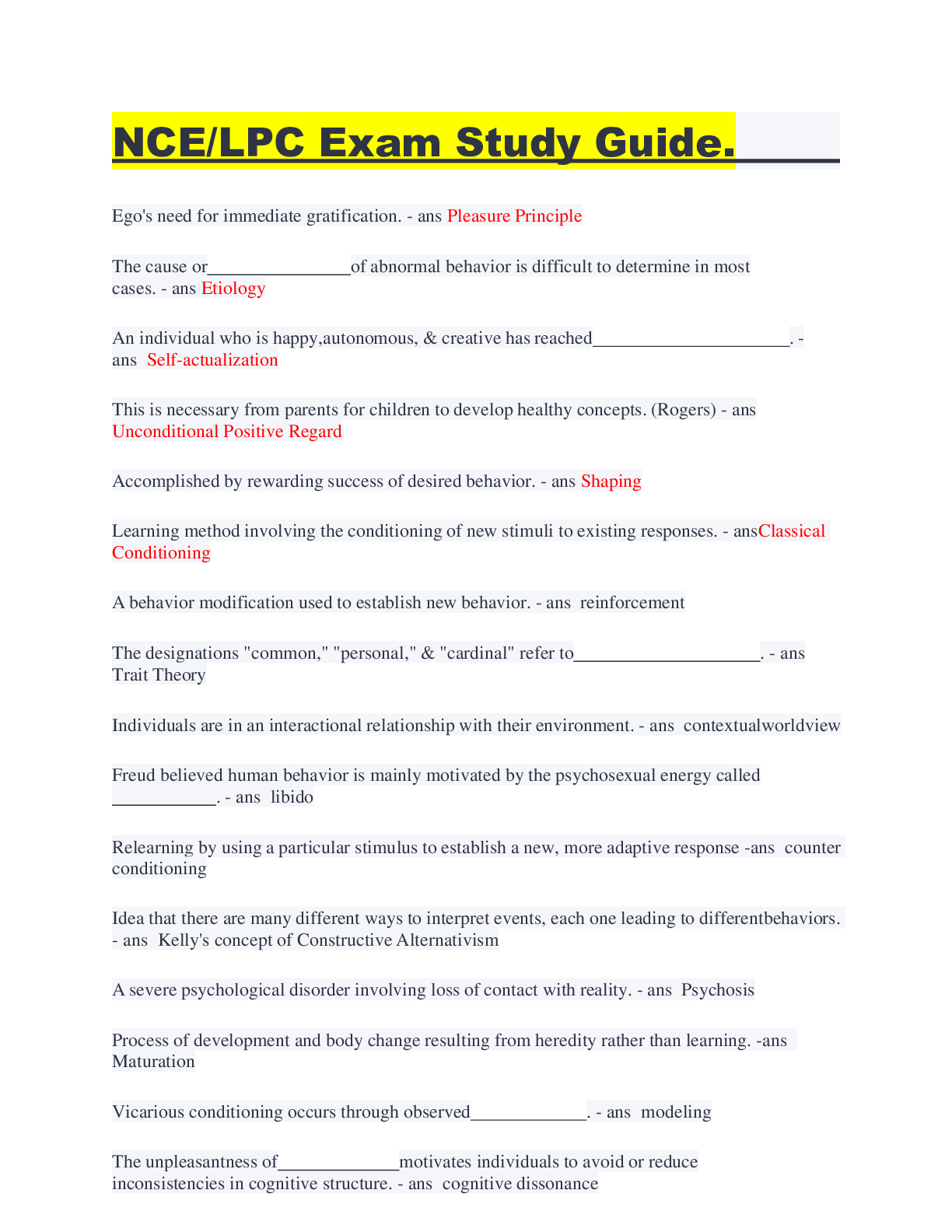 NCE/LPC Exam Study Guide. Browsegrades