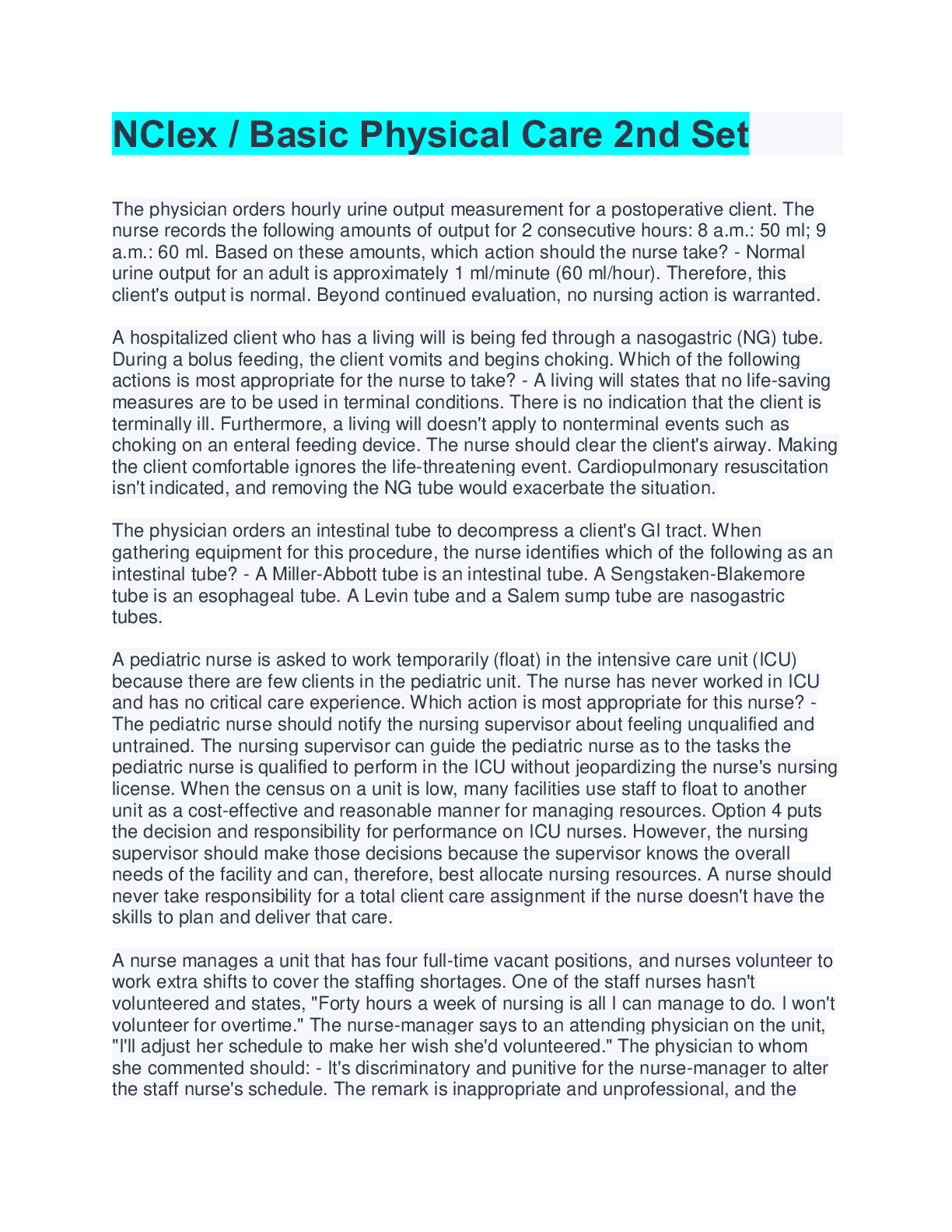 NClex / Basic Physical Care 2nd Set Questions And Answers( Complete top