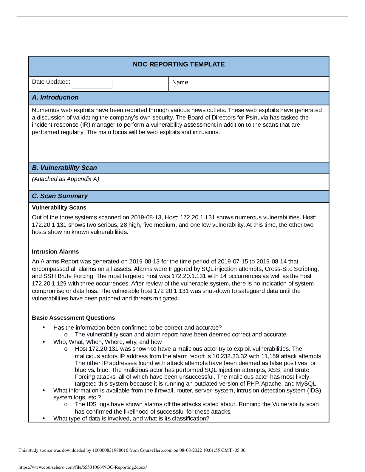 WGU C795 NOC REPORTING TEMPLATE LATEST 2022 RATED A Browsegrades