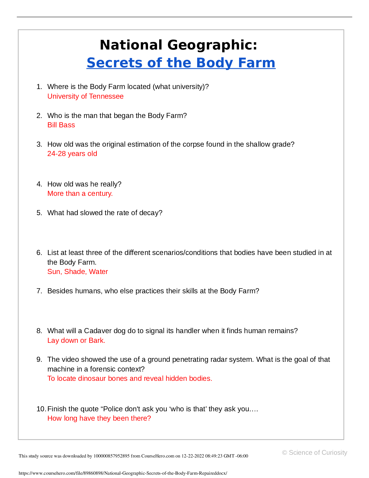 National Geographic Secrets of the Body Farm (Repaired). Savannah State University FSCI 3201