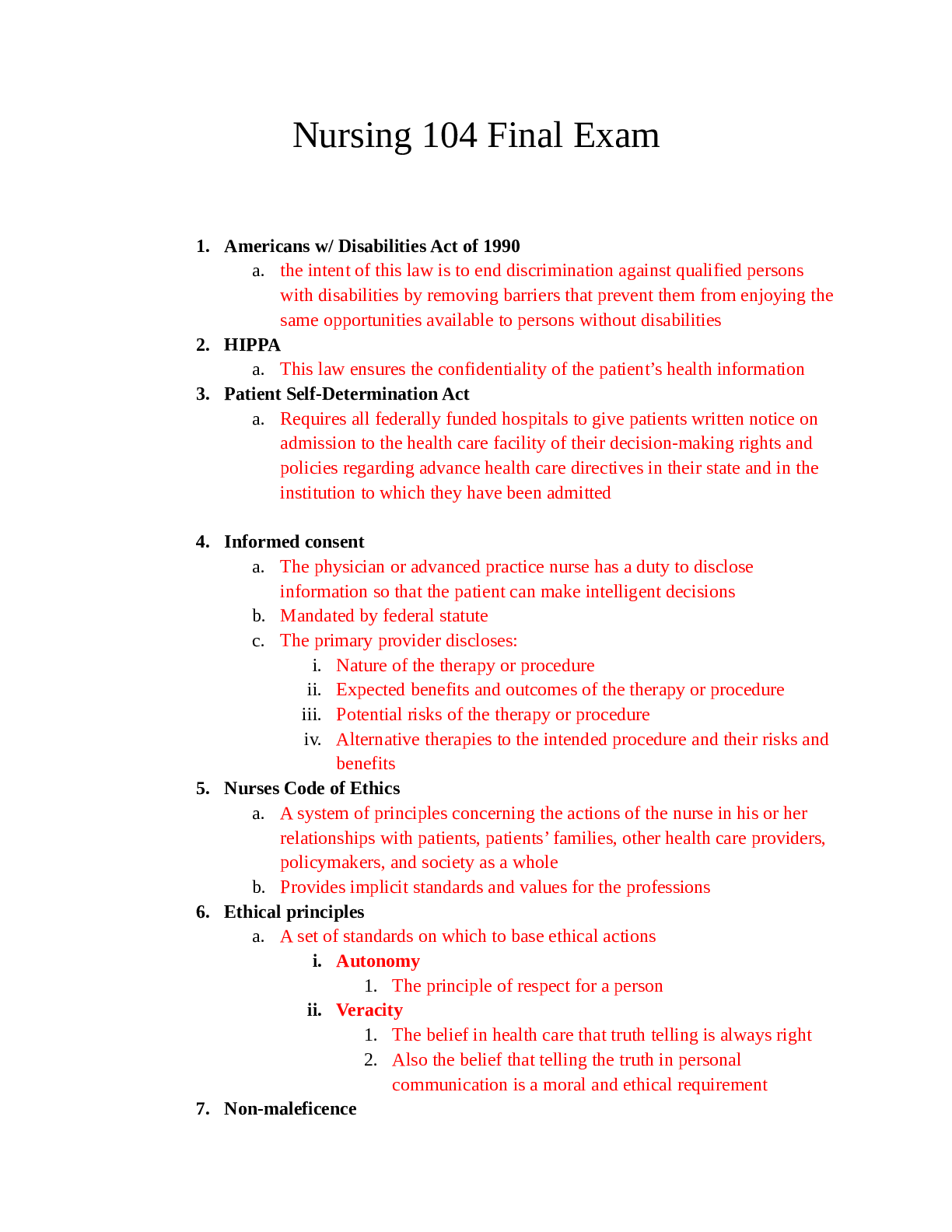 Nursing 104 Final Exam Browsegrades